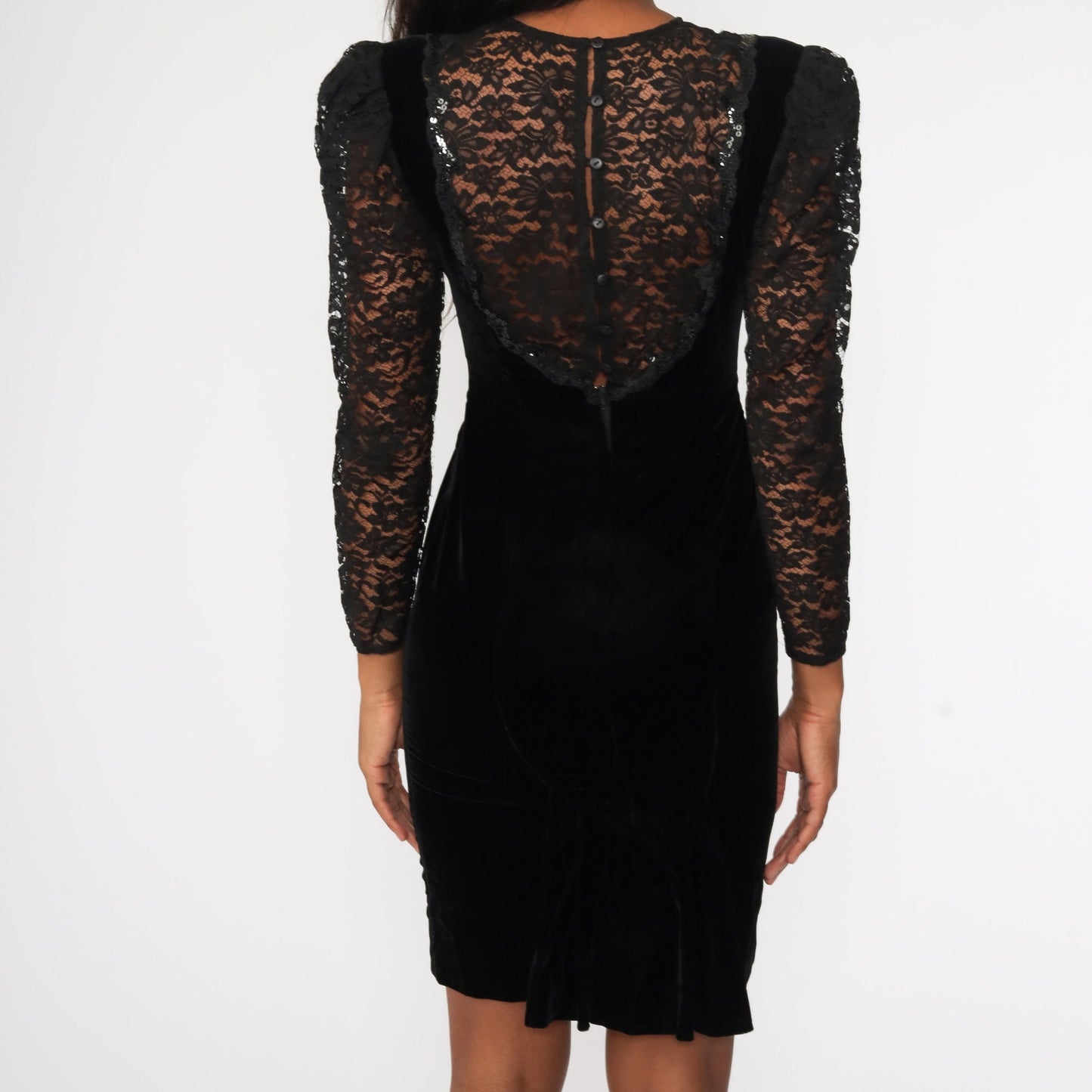 80s Black Velvet Mini Dress Lace Sequin Puff Sleeve Bodycon Small