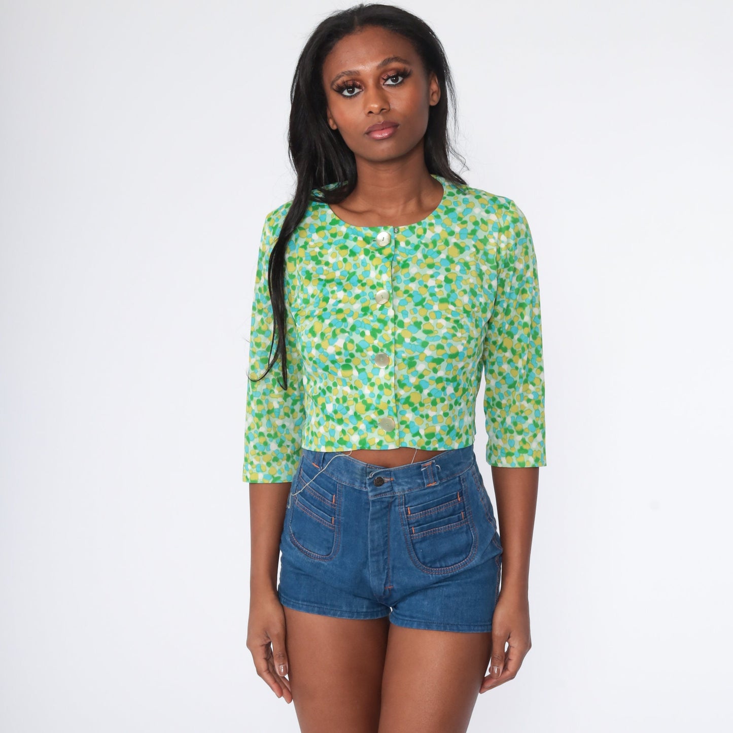 60s Geometric Print Button-Up Blouse Cropped 3/4 Sleeve Small