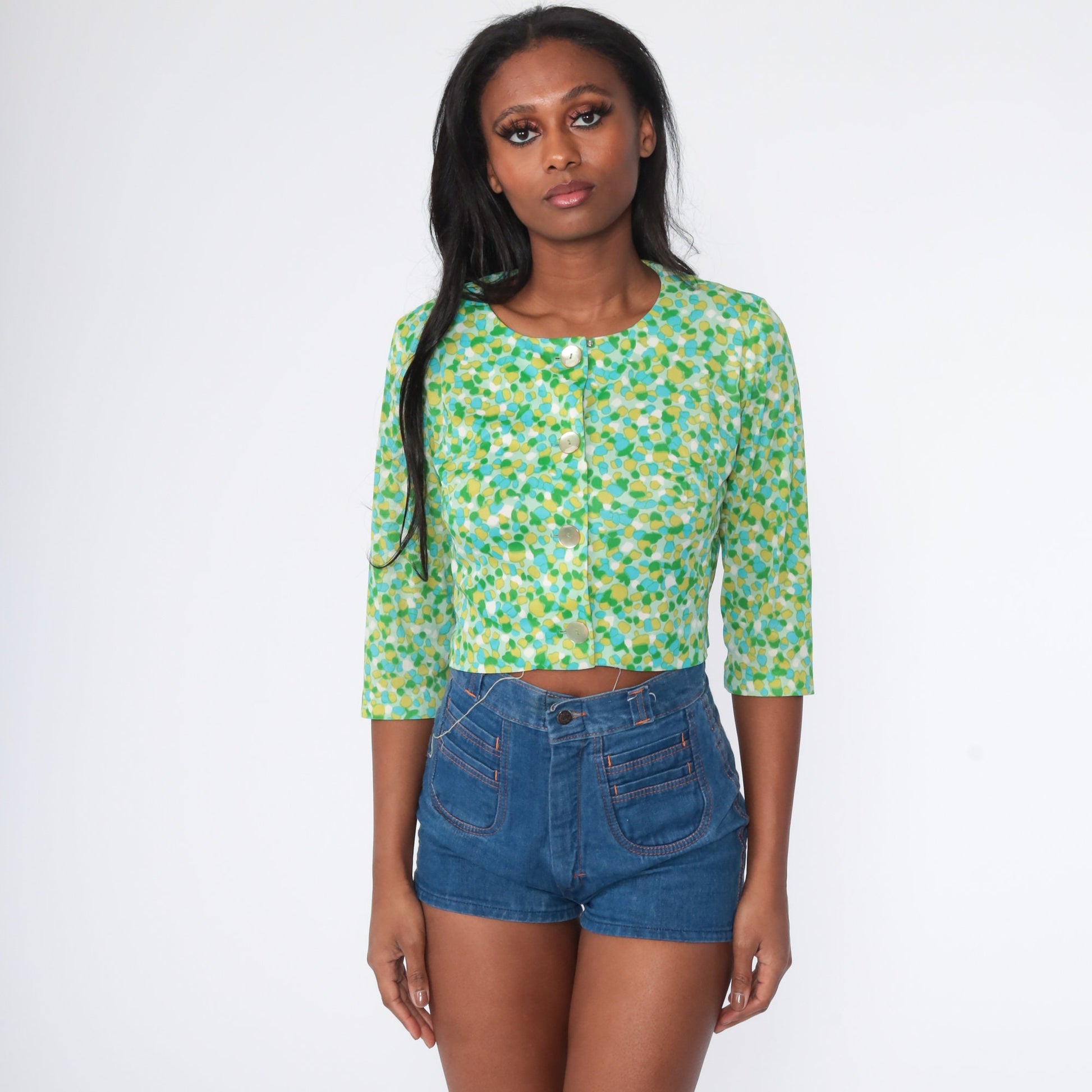 60s Geometric Print Button-Up Blouse Cropped 3/4 Sleeve Small