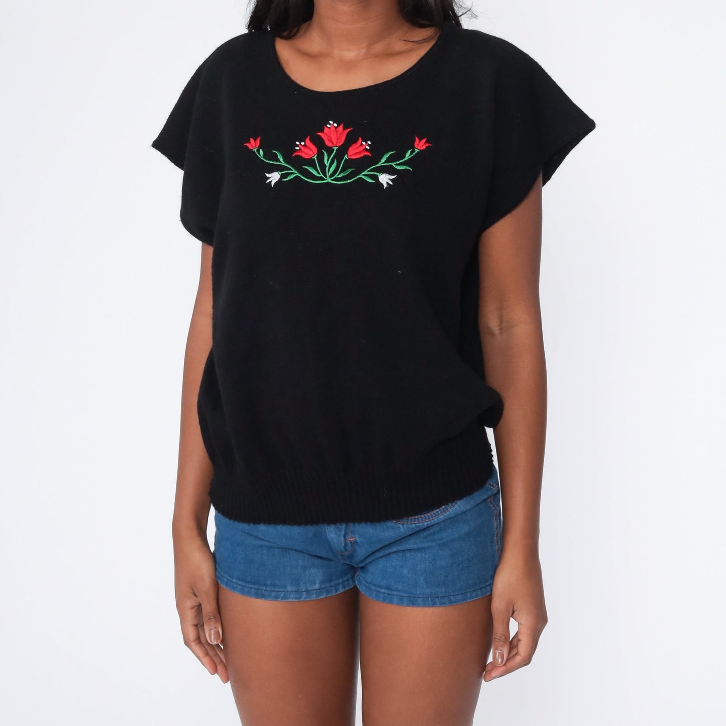 80s Floral Embroidered Black Knit Sweater Short Sleeve Top Large