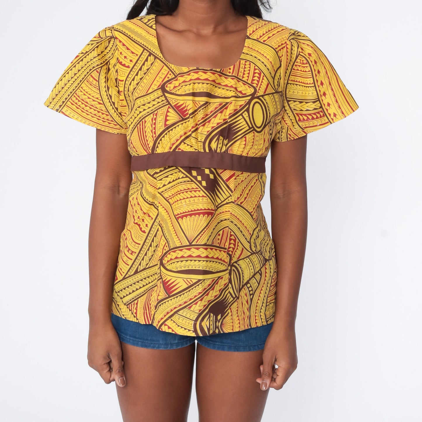 70s African Print Babydoll Top Yellow Puff Sleeve Empire Waist Medium