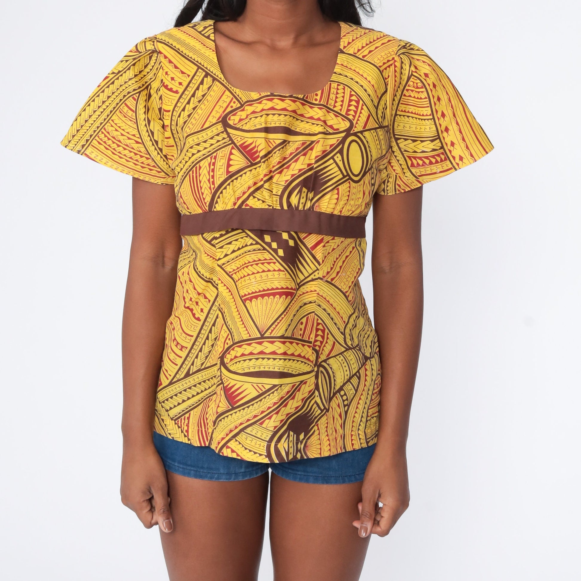 70s African Print Babydoll Top Yellow Puff Sleeve Empire Waist Medium