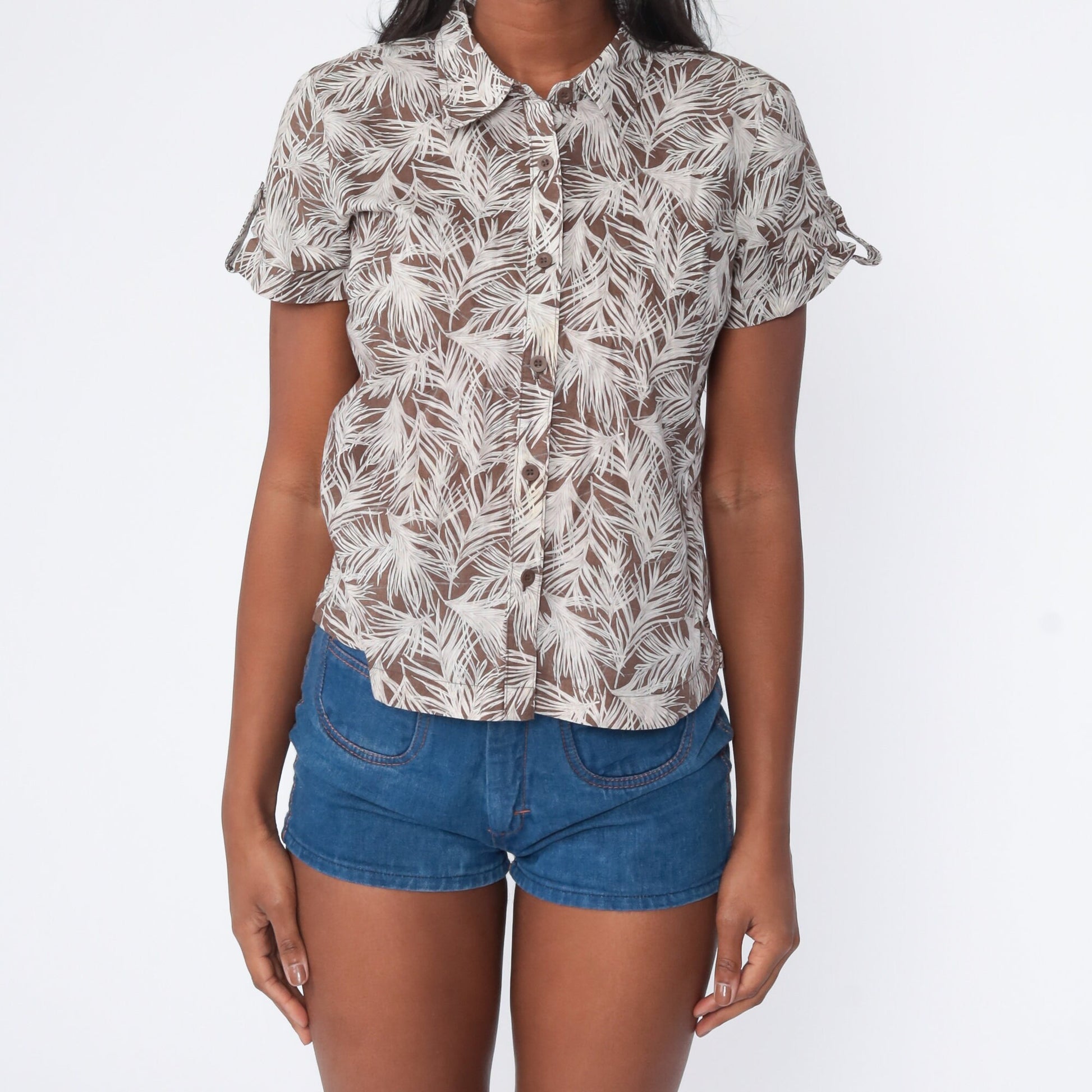 70s Feather Print Button-Up Shirt Short Sleeve Pointed Collar Brown Small