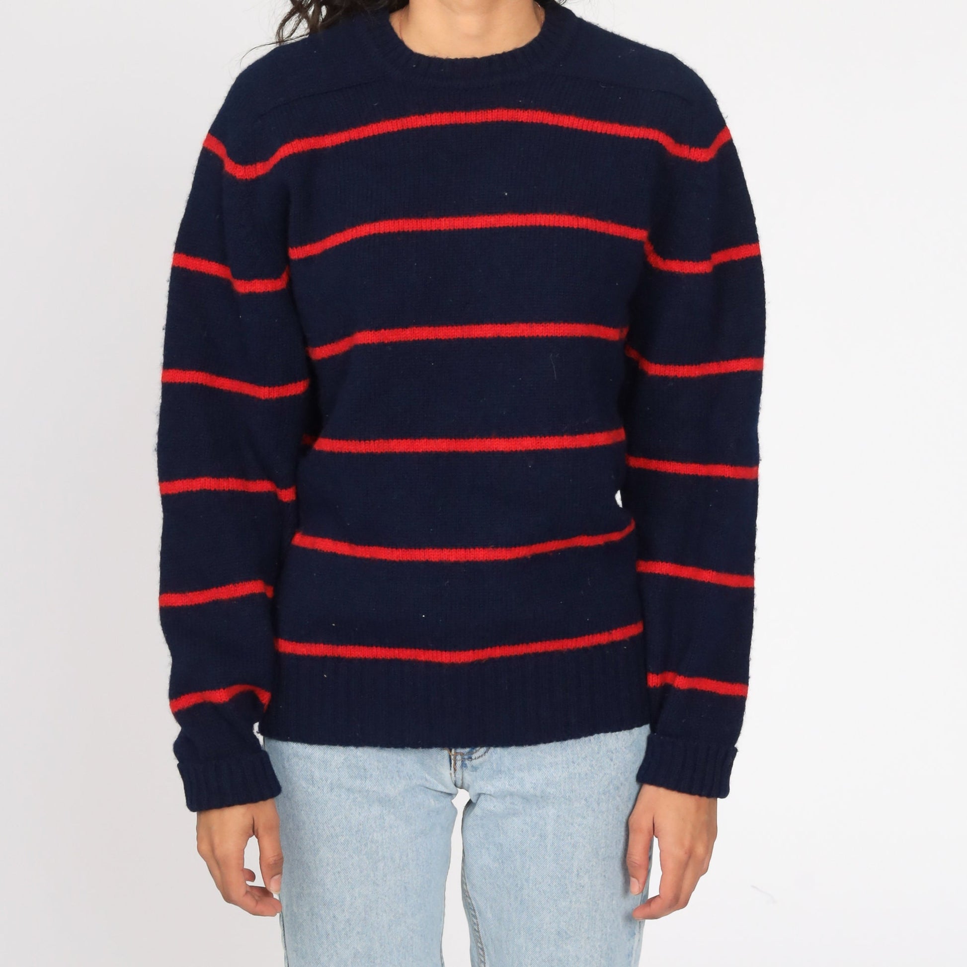 80s Blue and Red Striped Wool Pullover Sweater Knit Jumper Medium