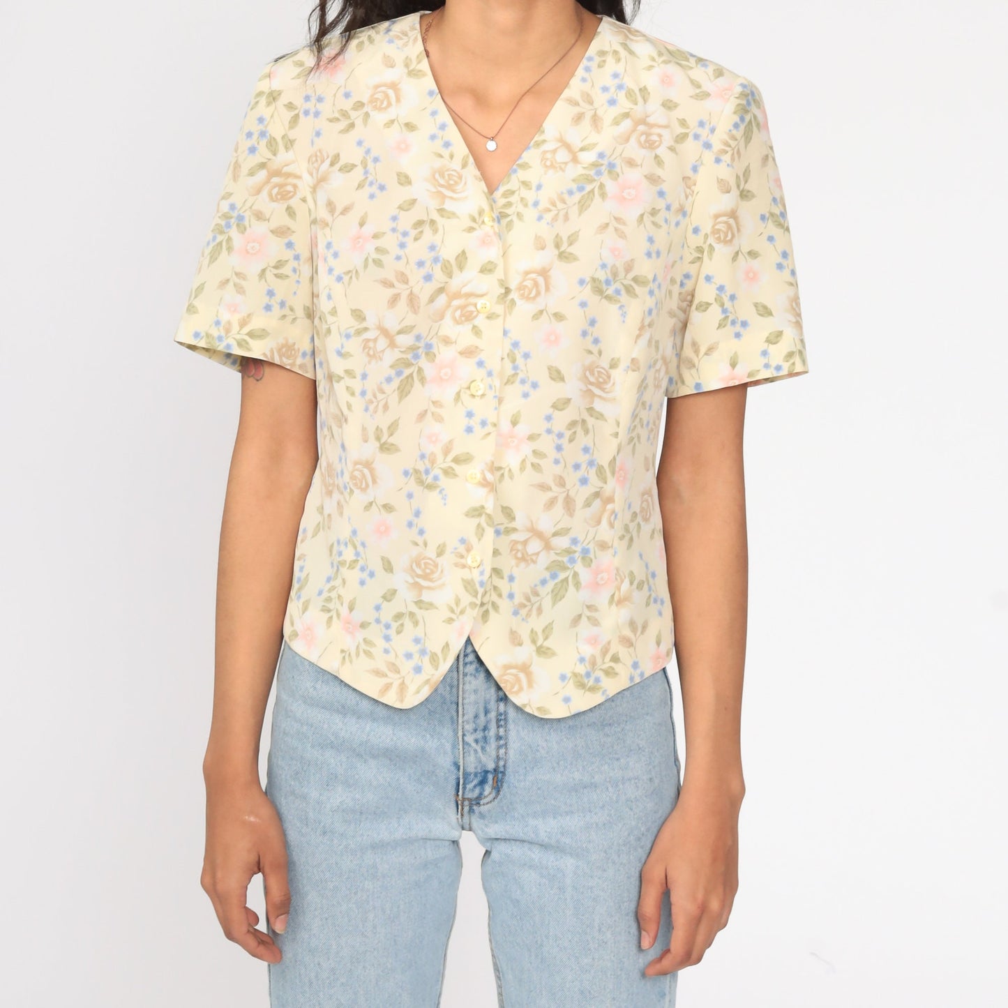 90s Yellow Floral Button-Up Shirt Short Sleeve Blouse Medium