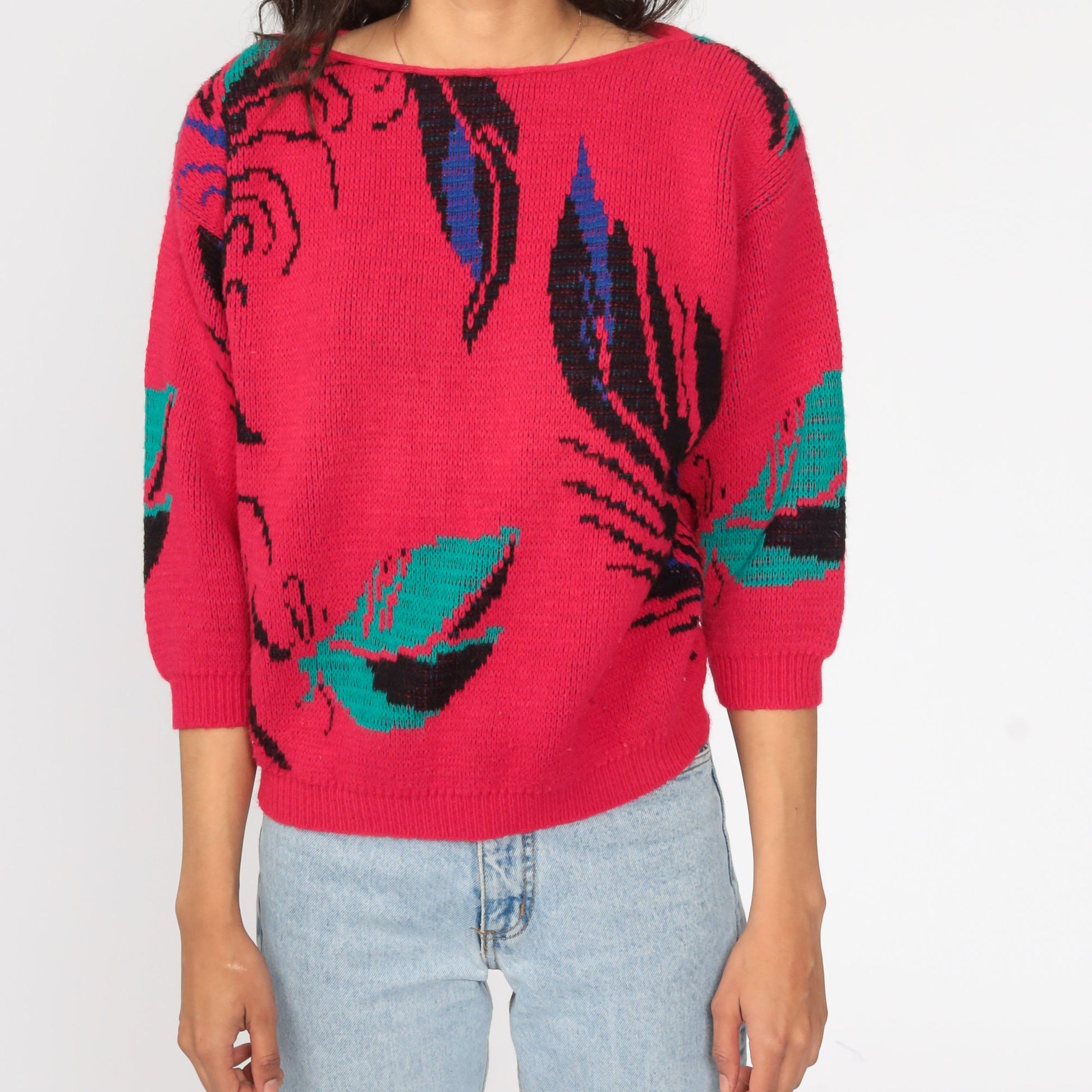 80s Pink Leaf Knit Sweater 3/4 Sleeve Pullover Small S