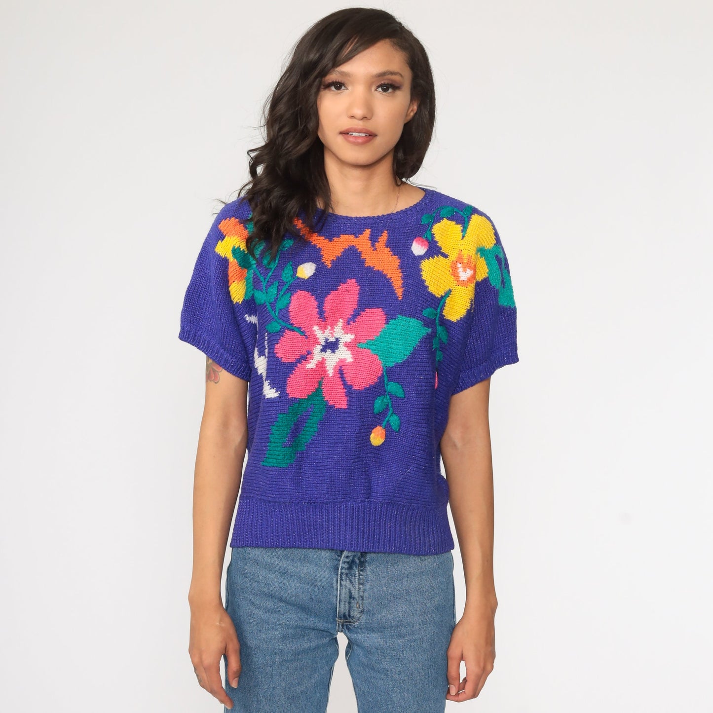 80s Purple Floral Knit Sweater Short Sleeve Top Medium