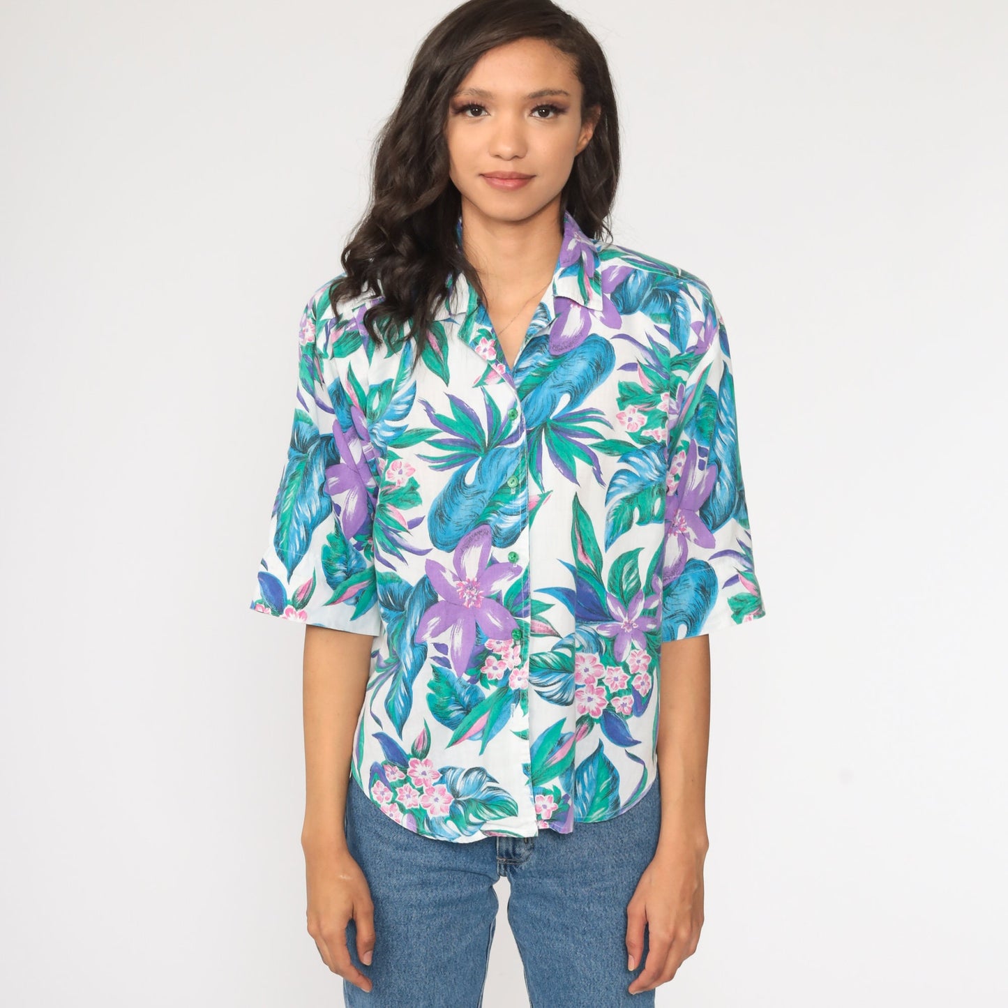 80s Tropical Floral Button-Up Shirt Green Purple Hawaiian Blouse Small