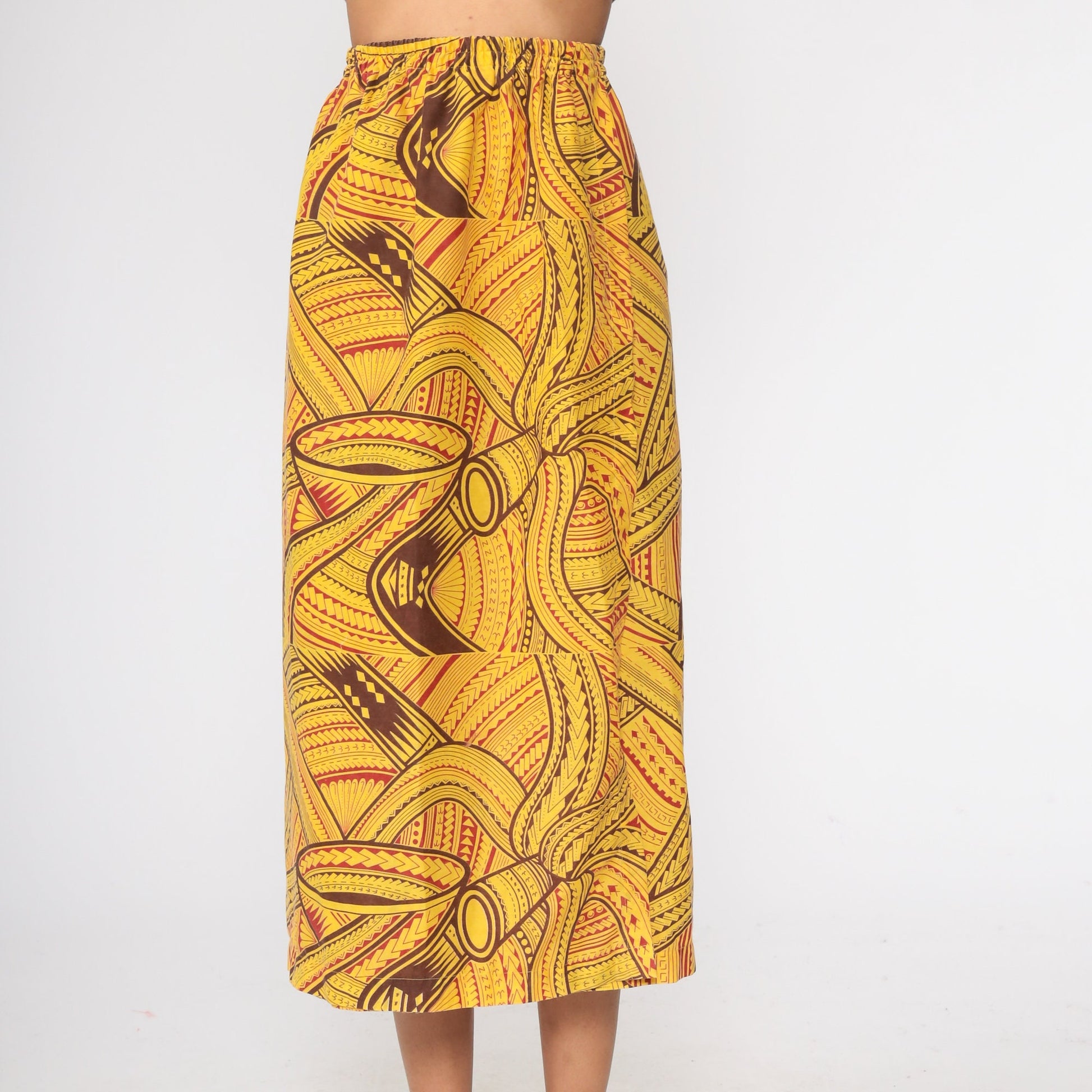 80s African Print Yellow Midi Skirt Elastic Waist Small Medium
