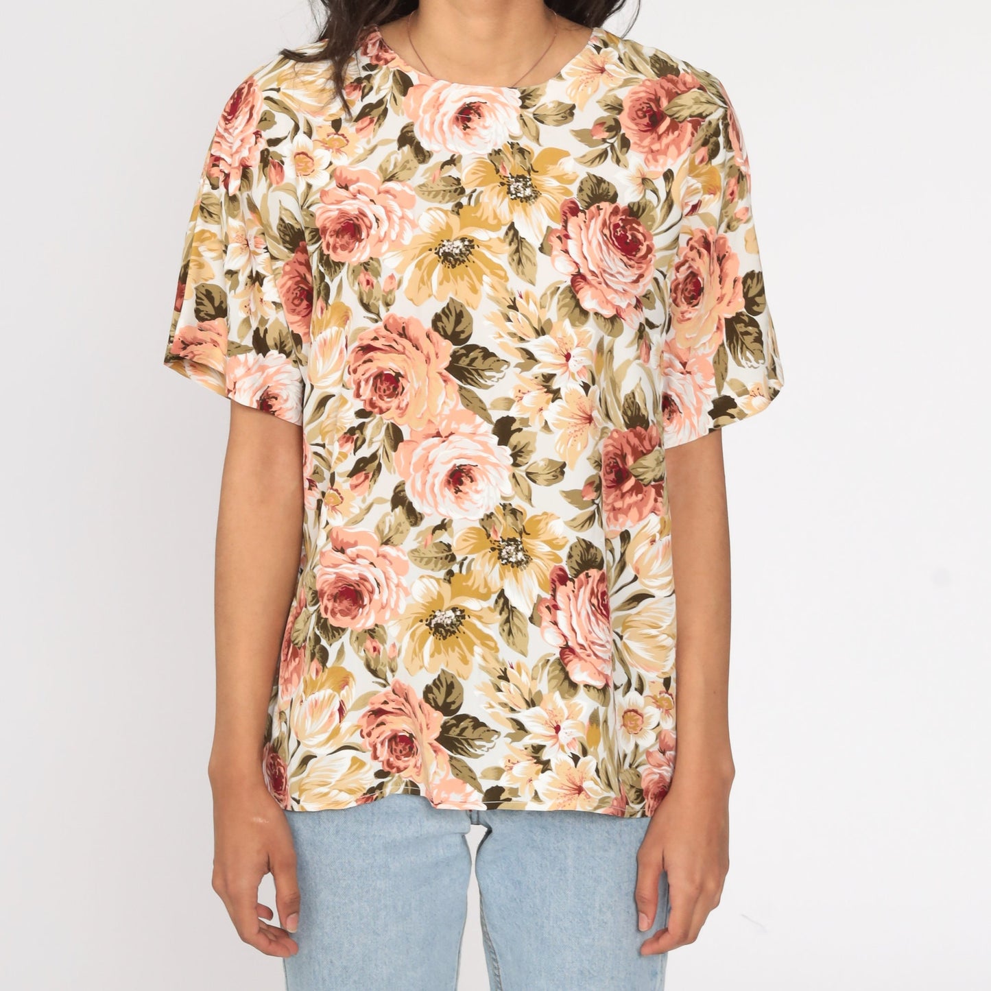 90s Floral Print Shirt Short Sleeve Blouse Polyester Medium