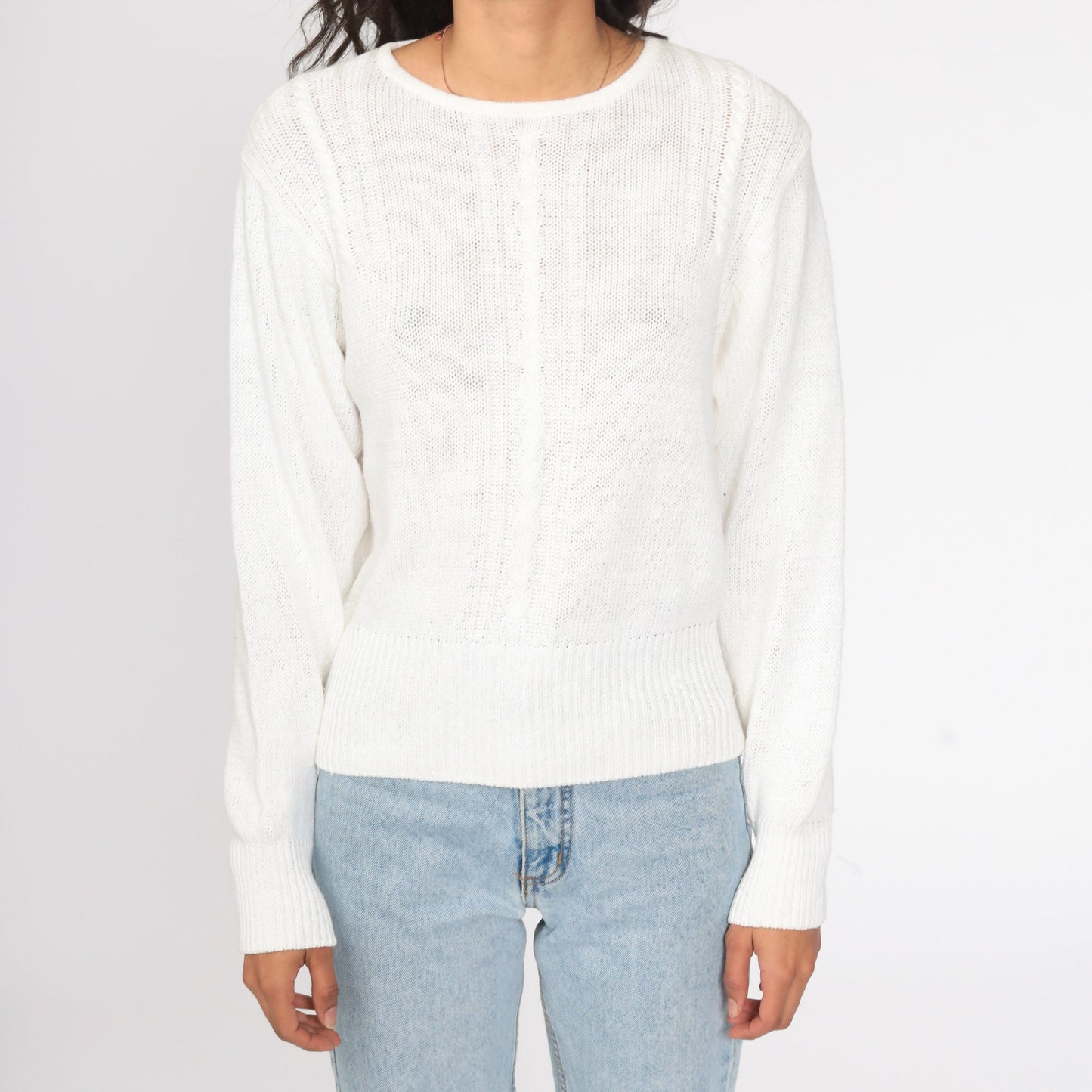 90s White Cable Knit Sweater Ramie Cotton Pullover Small