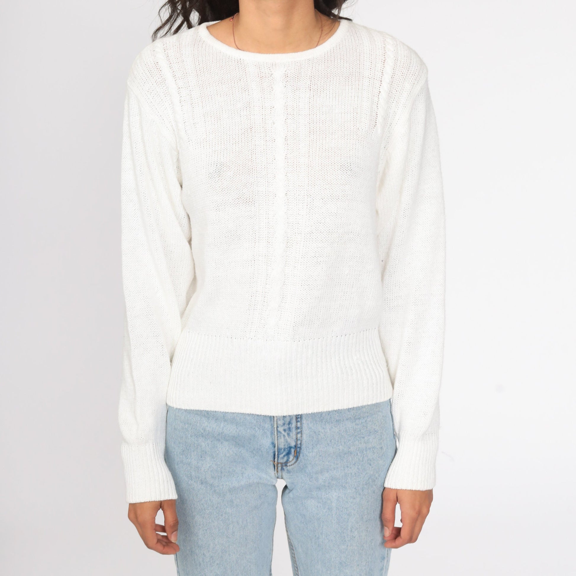 90s White Cable Knit Sweater Ramie Cotton Pullover Small