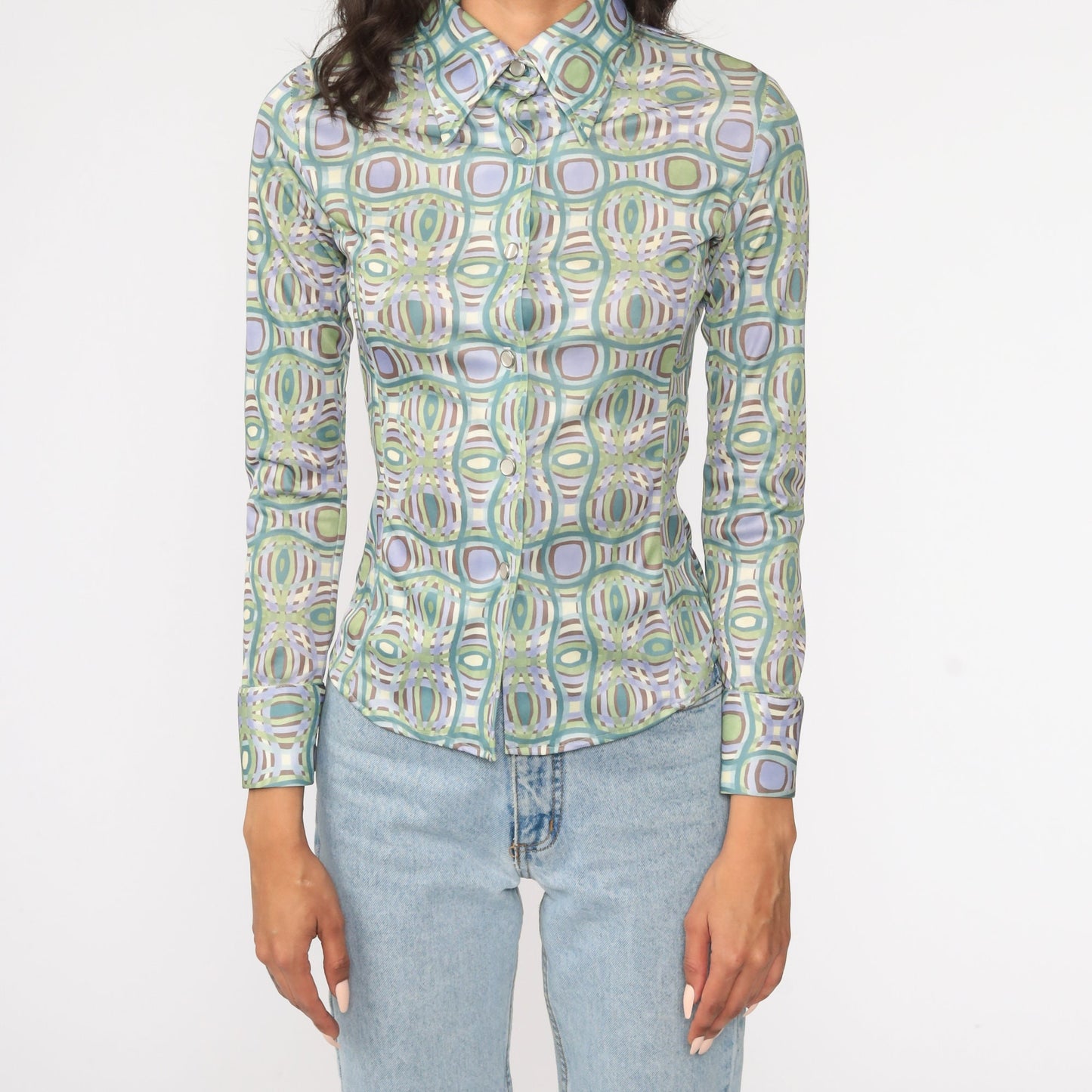 90s Geometric Print Button-Up Shirt Green Blue Long Sleeve Small