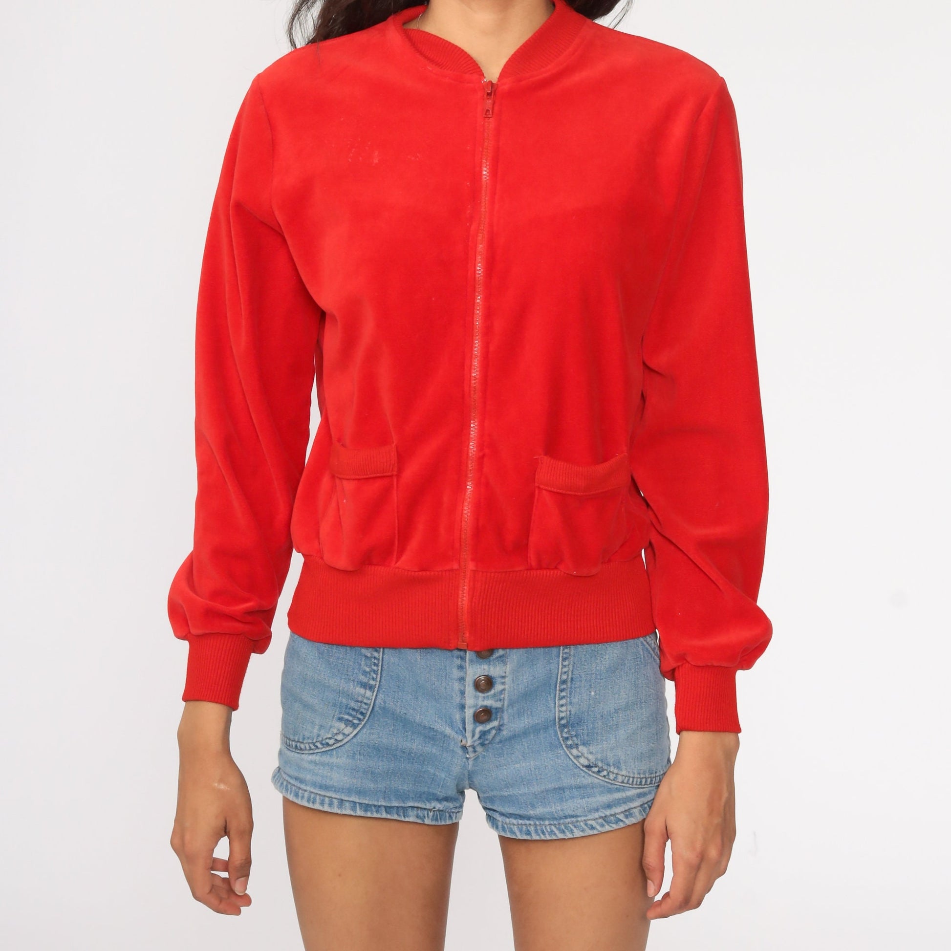 80s Red Velour Track Jacket Zip Up Sweatshirt Small