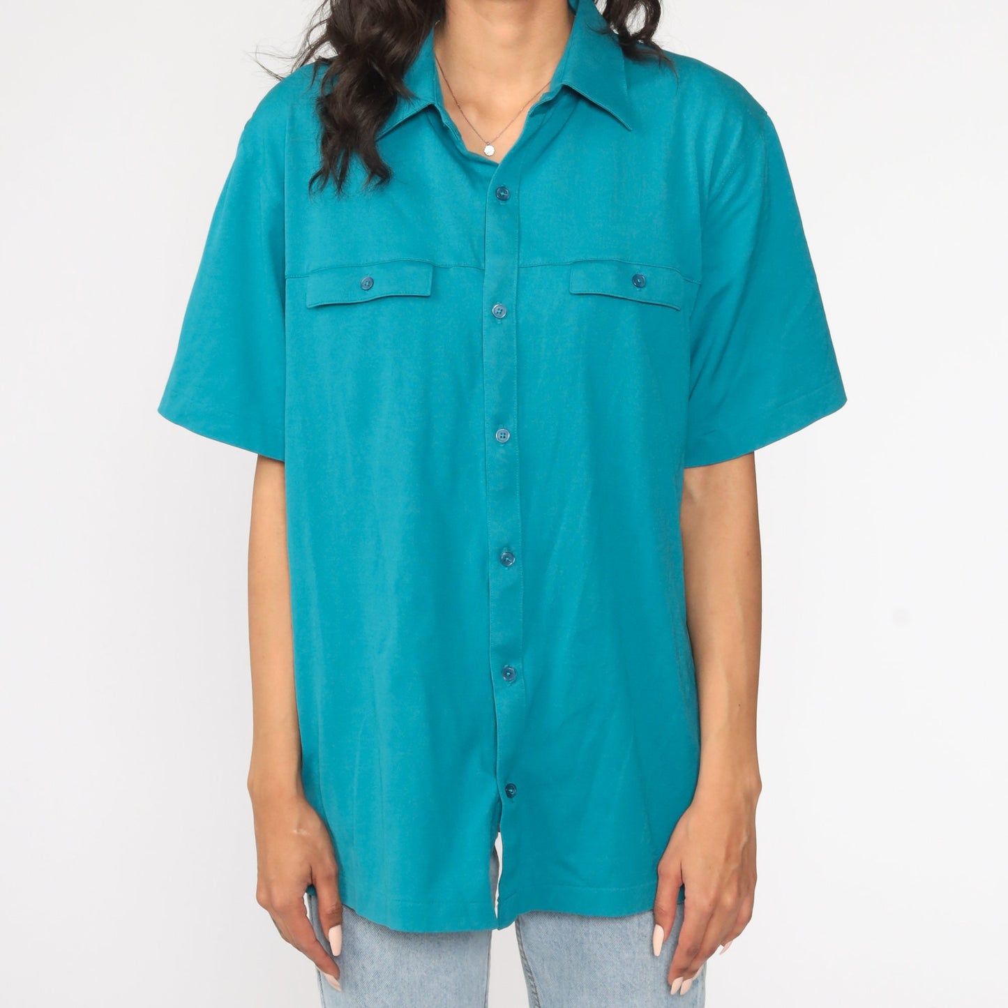 80s Teal Button-Up Shirt Short Sleeve Vintage Unisex Large