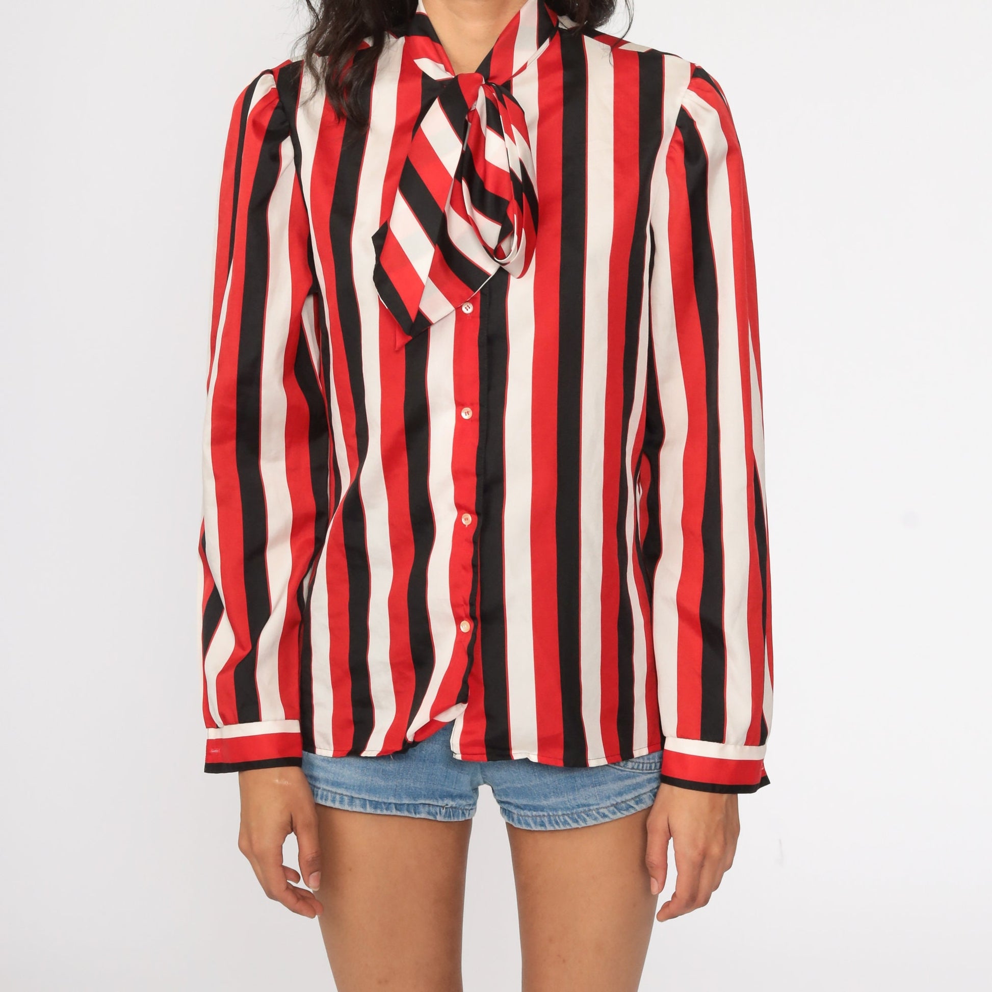 80s Striped Ascot Blouse Red Black White Puff Sleeve Button Up Medium