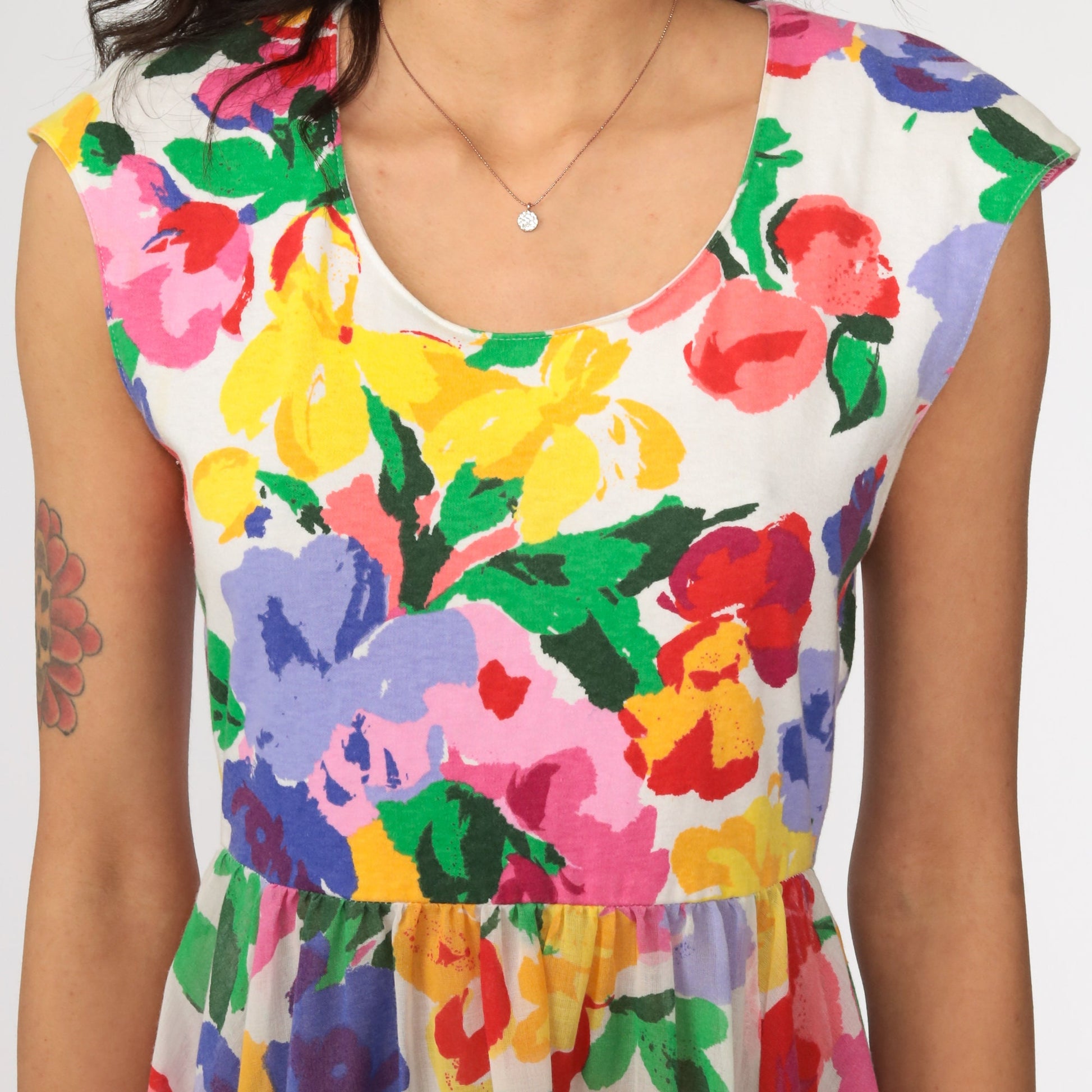 70s Floral Mini Dress White Cap Sleeve High Waist Small Medium