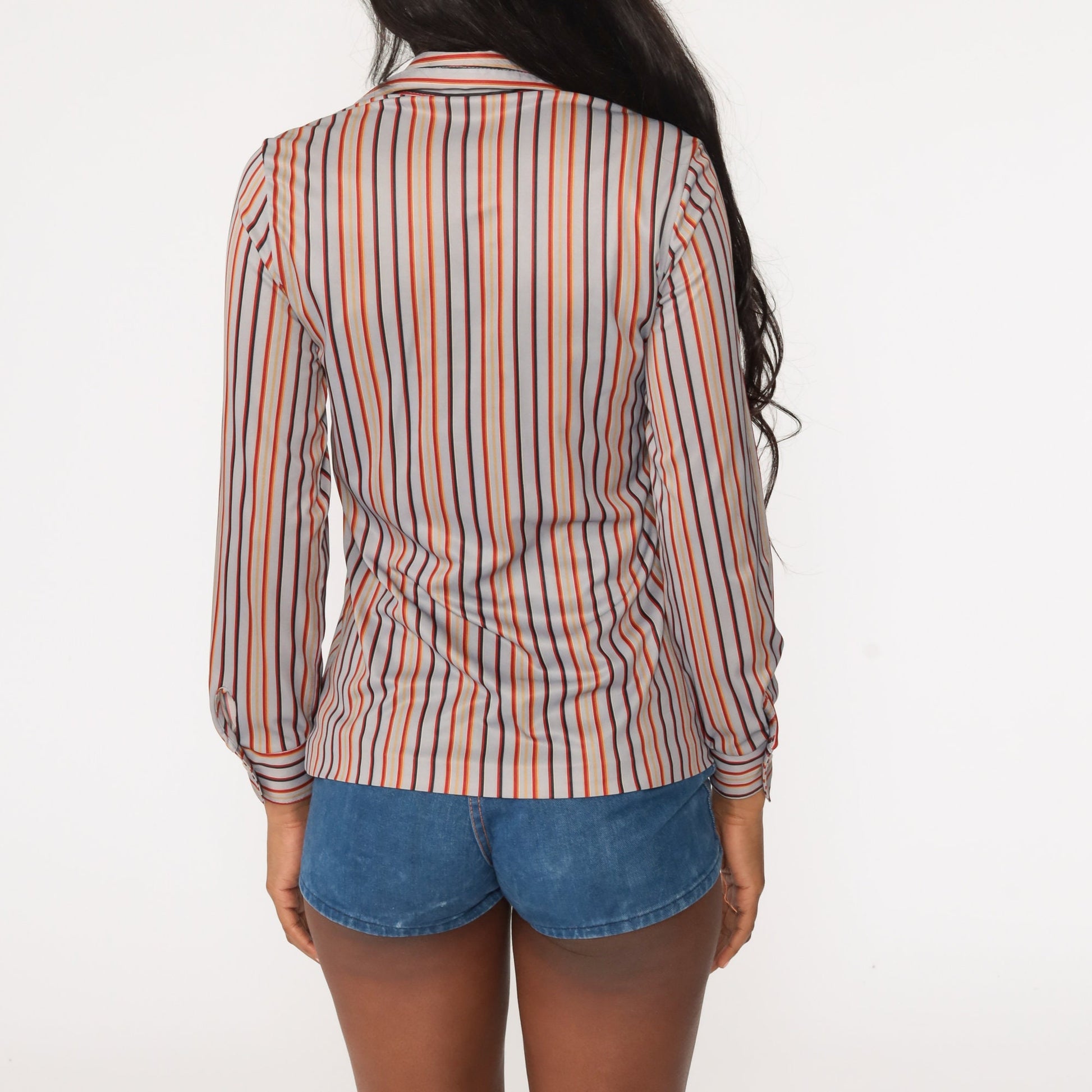 70s Striped Grey Button-Up Shirt Long Sleeve Disco Blouse Small