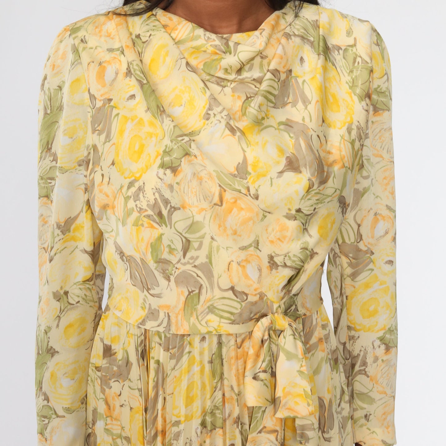 00s Yellow Floral Midi Dress Cowl Neck Pleated Long Sleeve Small S