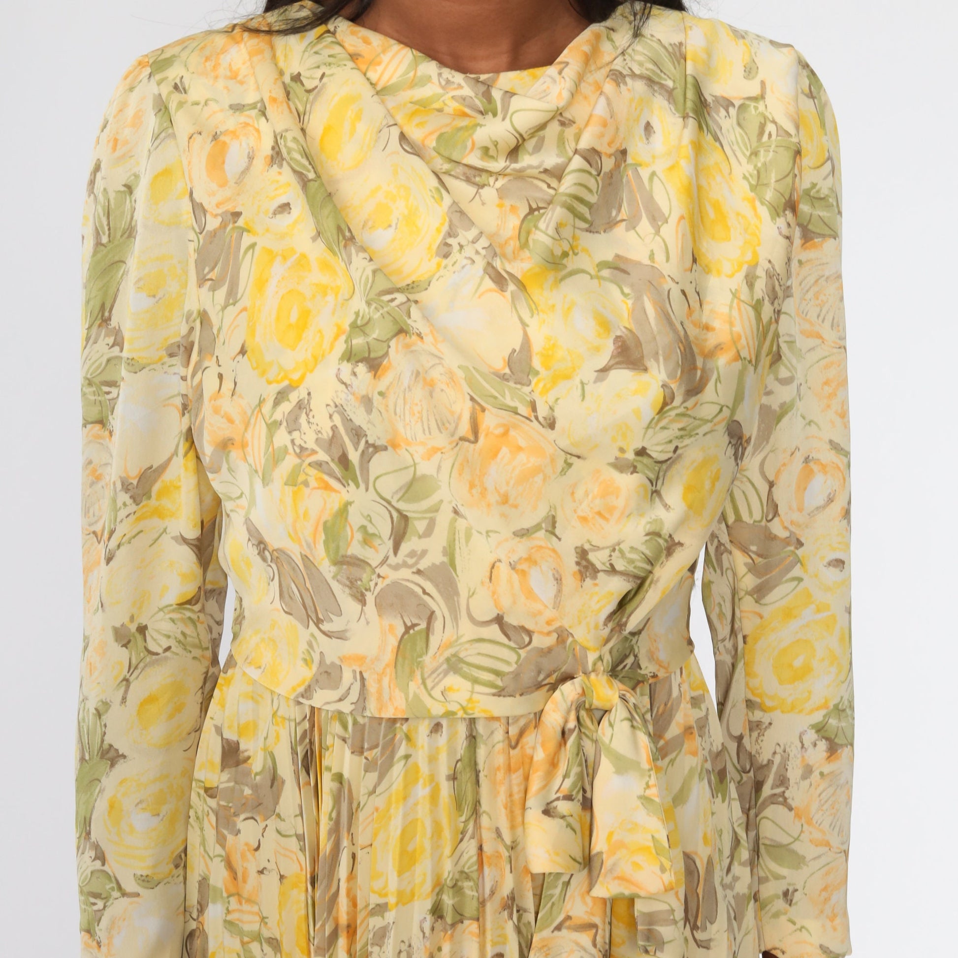 00s Yellow Floral Midi Dress Cowl Neck Pleated Long Sleeve Small S