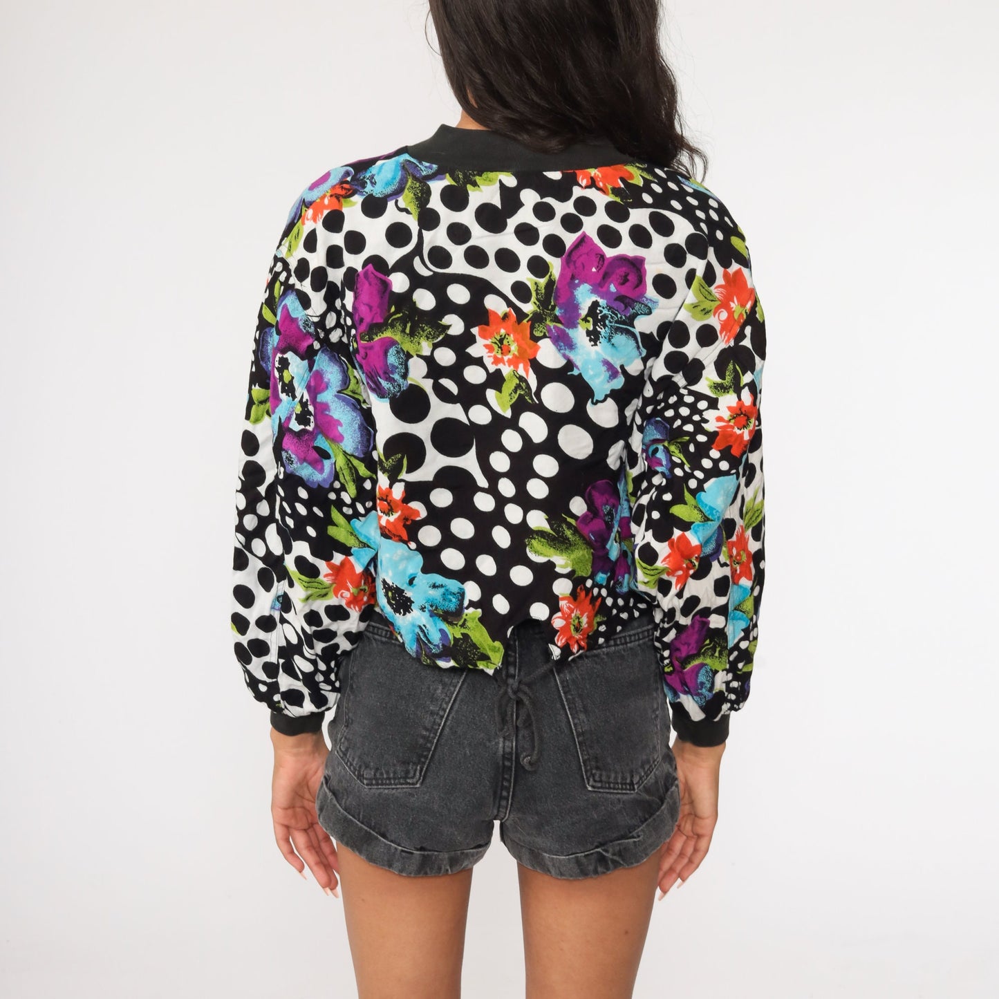 90s Floral Polka Dot Cropped Bomber Jacket Black White Windbreaker Small