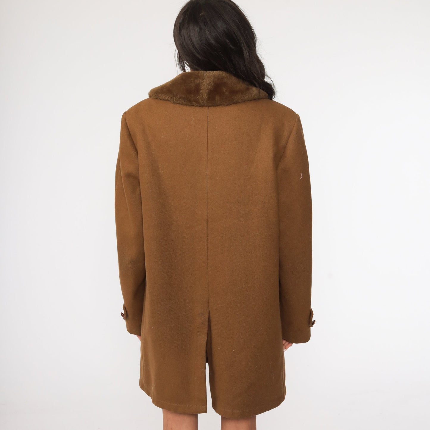 80s Brown Wool Jacket Faux Fur Collar Winter Coat Extra Large XXL