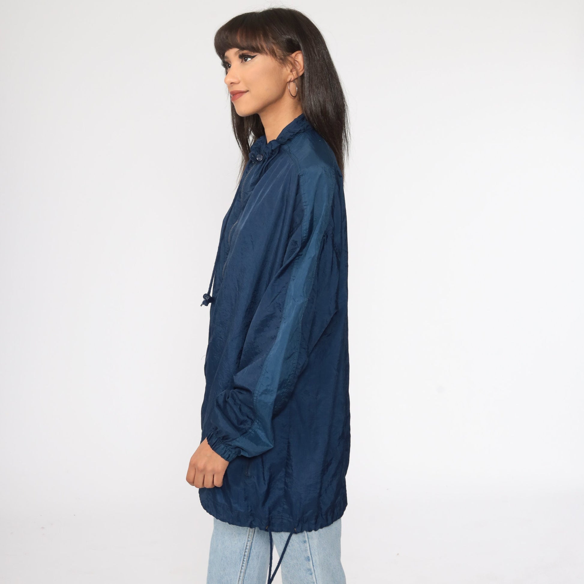 90s Navy Windbreaker Jacket Drawstring Neck Nylon Extra Large XL