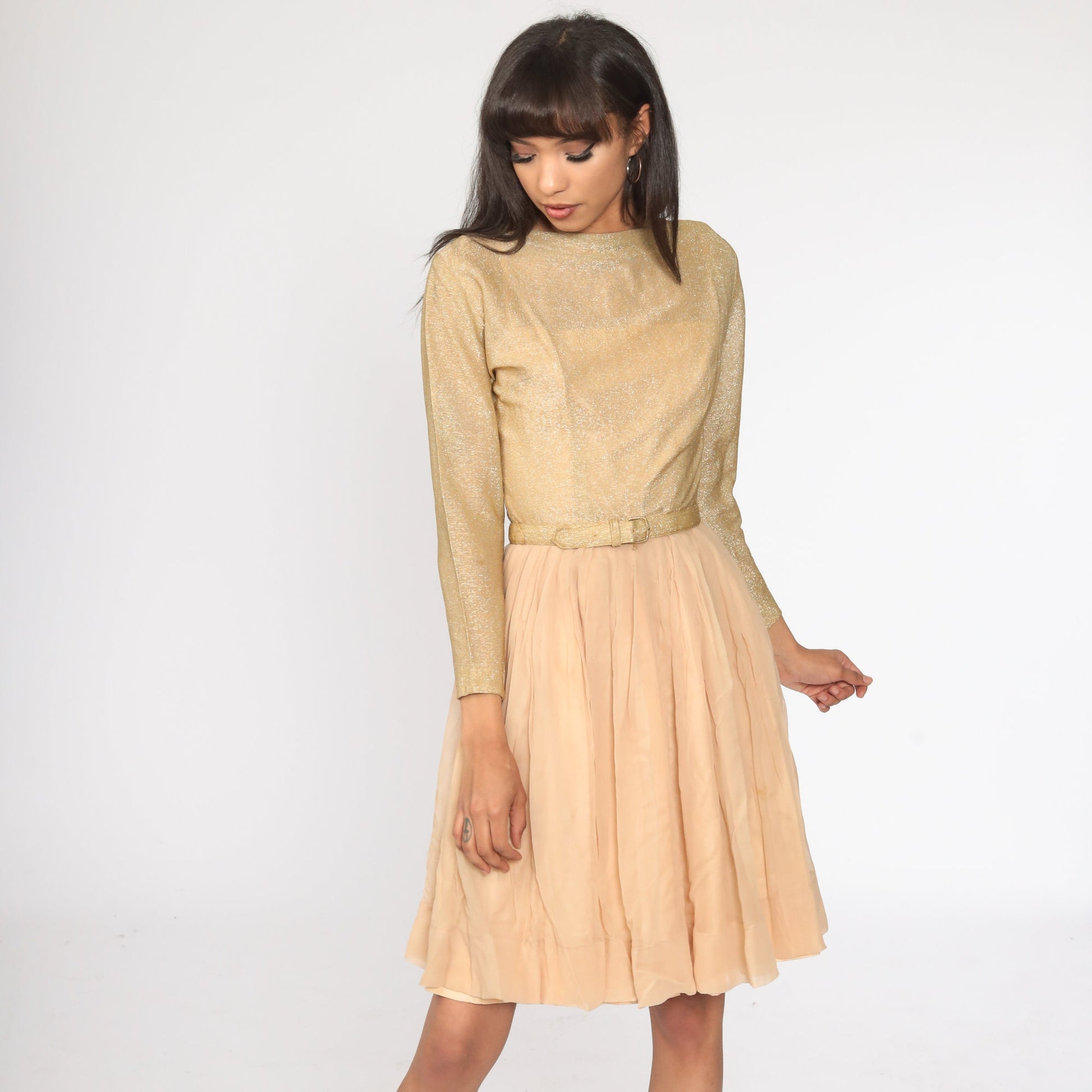 60s Jonathan Logan Gold Lurex Chiffon Midi Dress Extra Small XS
