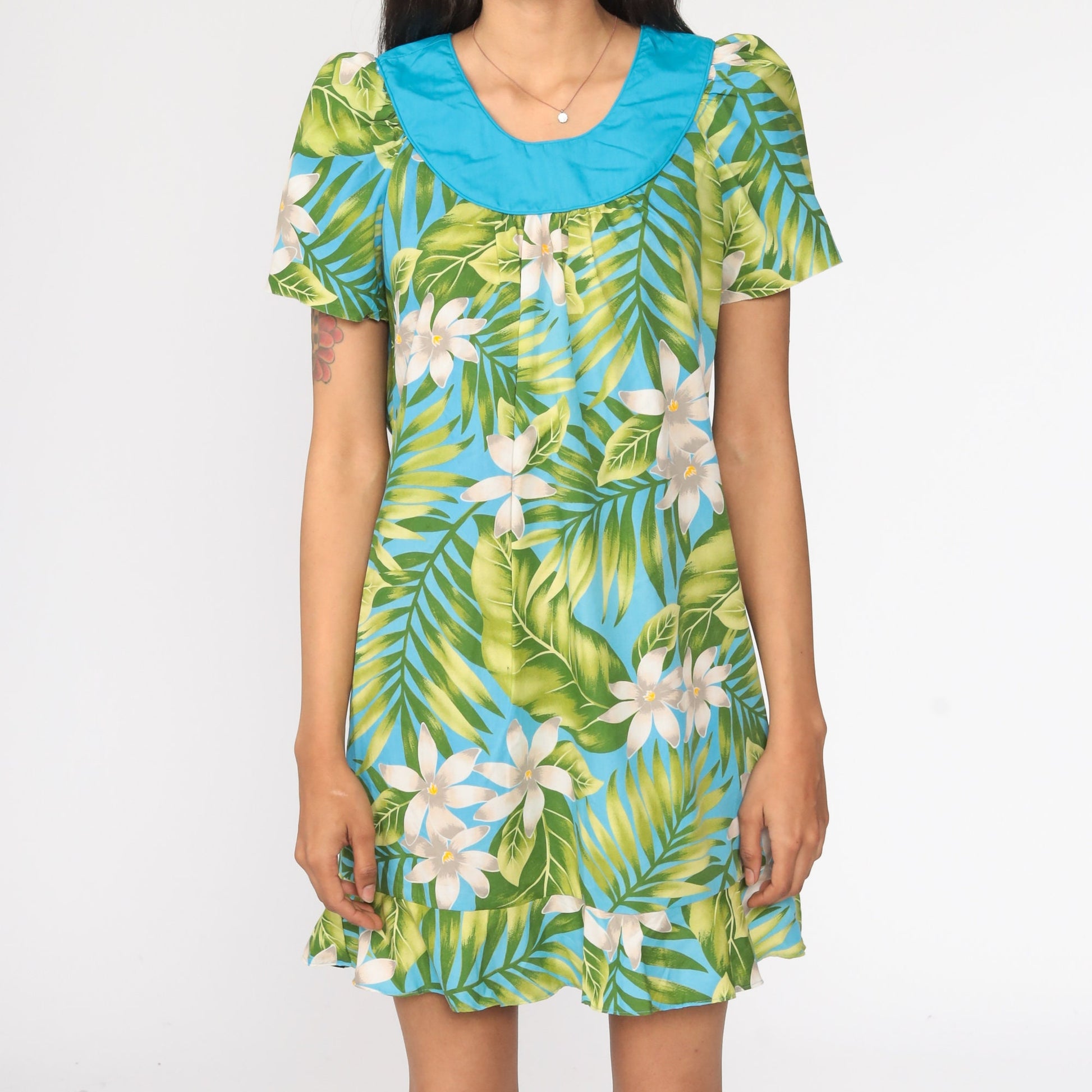 80s Floral Mini Dress Puff Sleeve Tent Cut Green Blue Extra Small