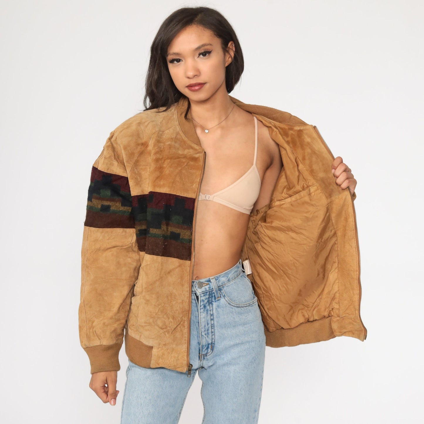80s Brown Suede Leather Jacket Southwestern Tribal Print Bomber Large L