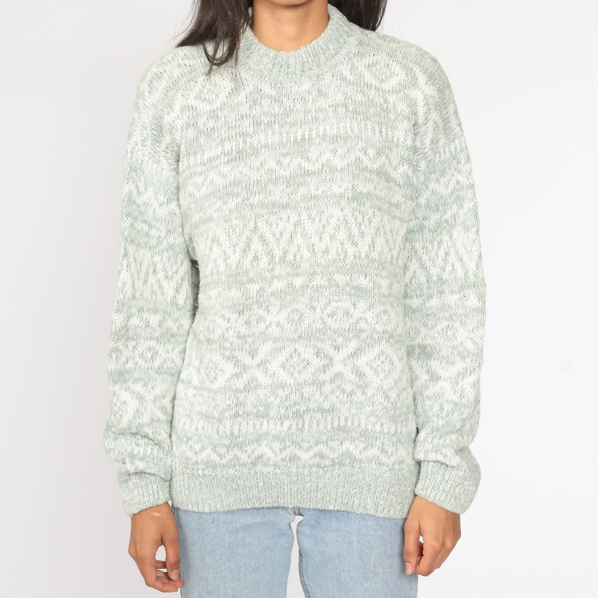 90s Geometric Print Sweater Green Cotton Ramie Knit Pullover Large L