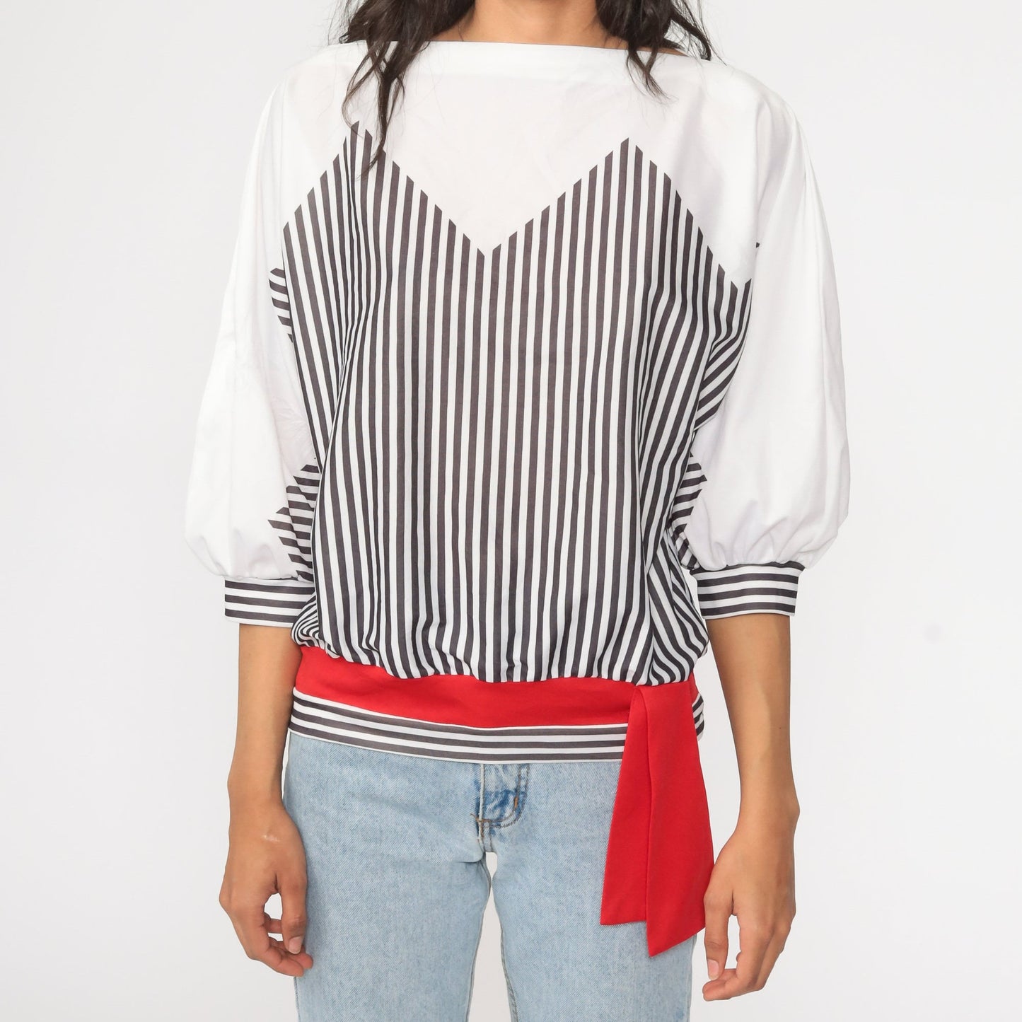 80s Black & White Striped Long Sleeve Top Medium