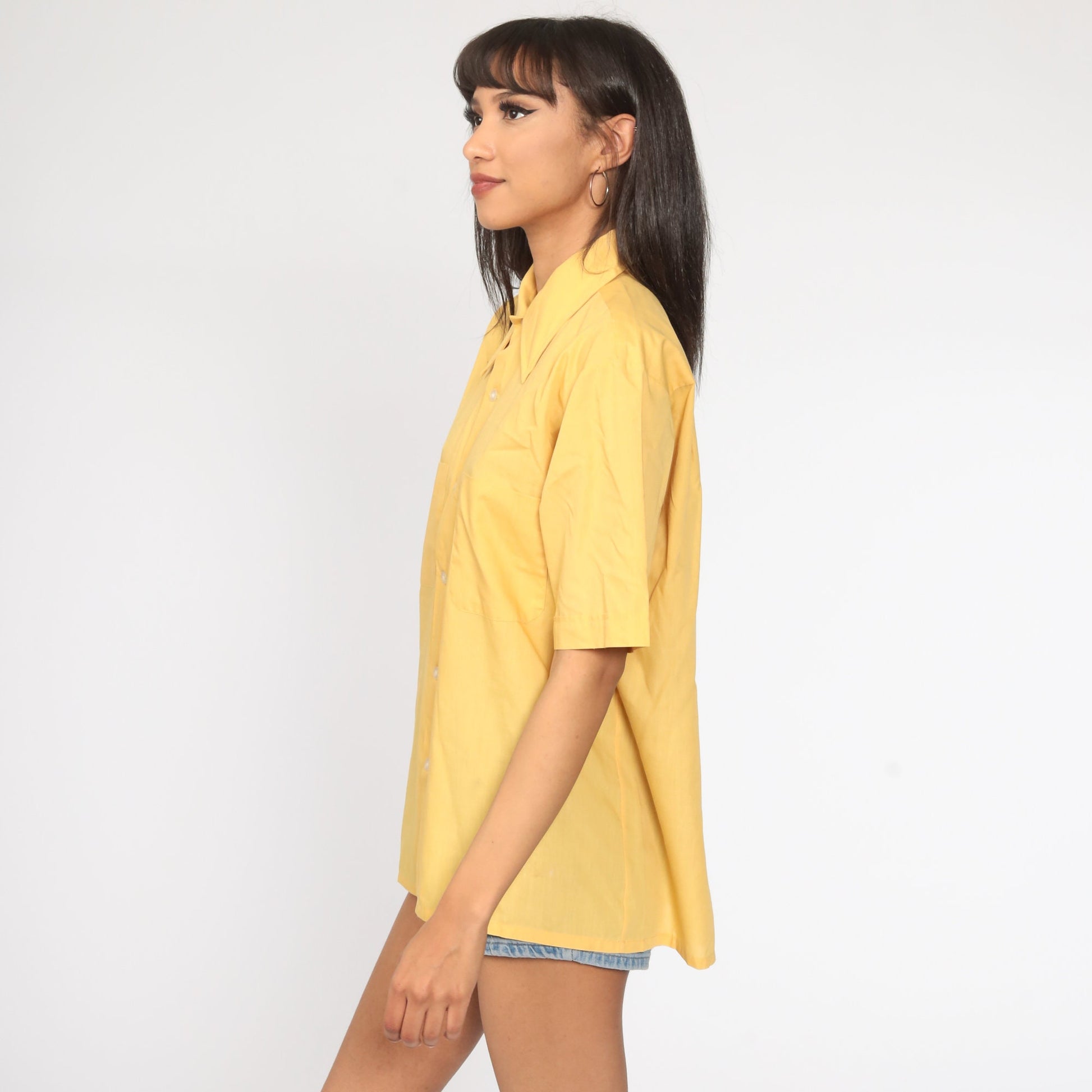 70s Yellow Button-Up Shirt Pointed Collar Short Sleeve Disco Blouse Large