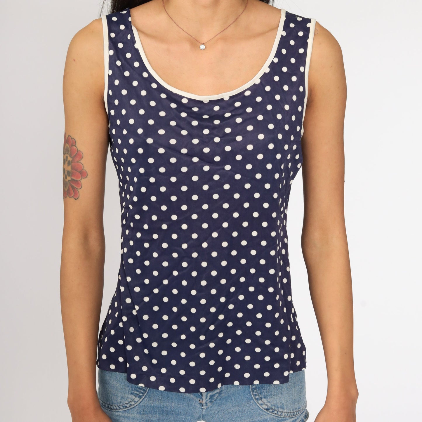 70s Dark Blue Polka Dot Tank Top Sleeveless Shirt Medium