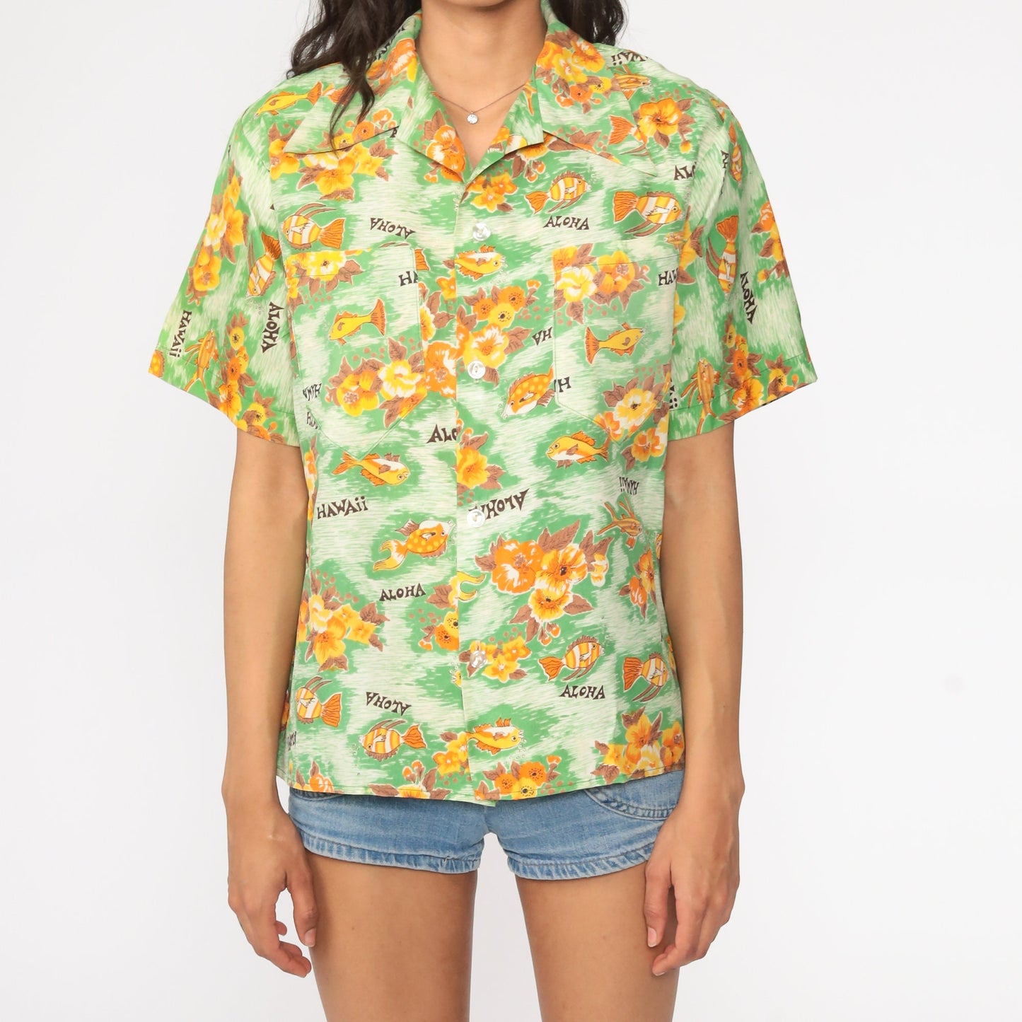 70s Hawaiian Shirt Tropical Fish Floral Button Up Unisex Medium Large