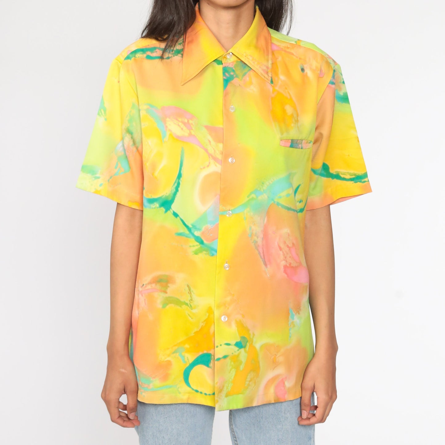 70s Psychedelic Print Button-Up Shirt Neon Yellow Short Sleeve Extra Large