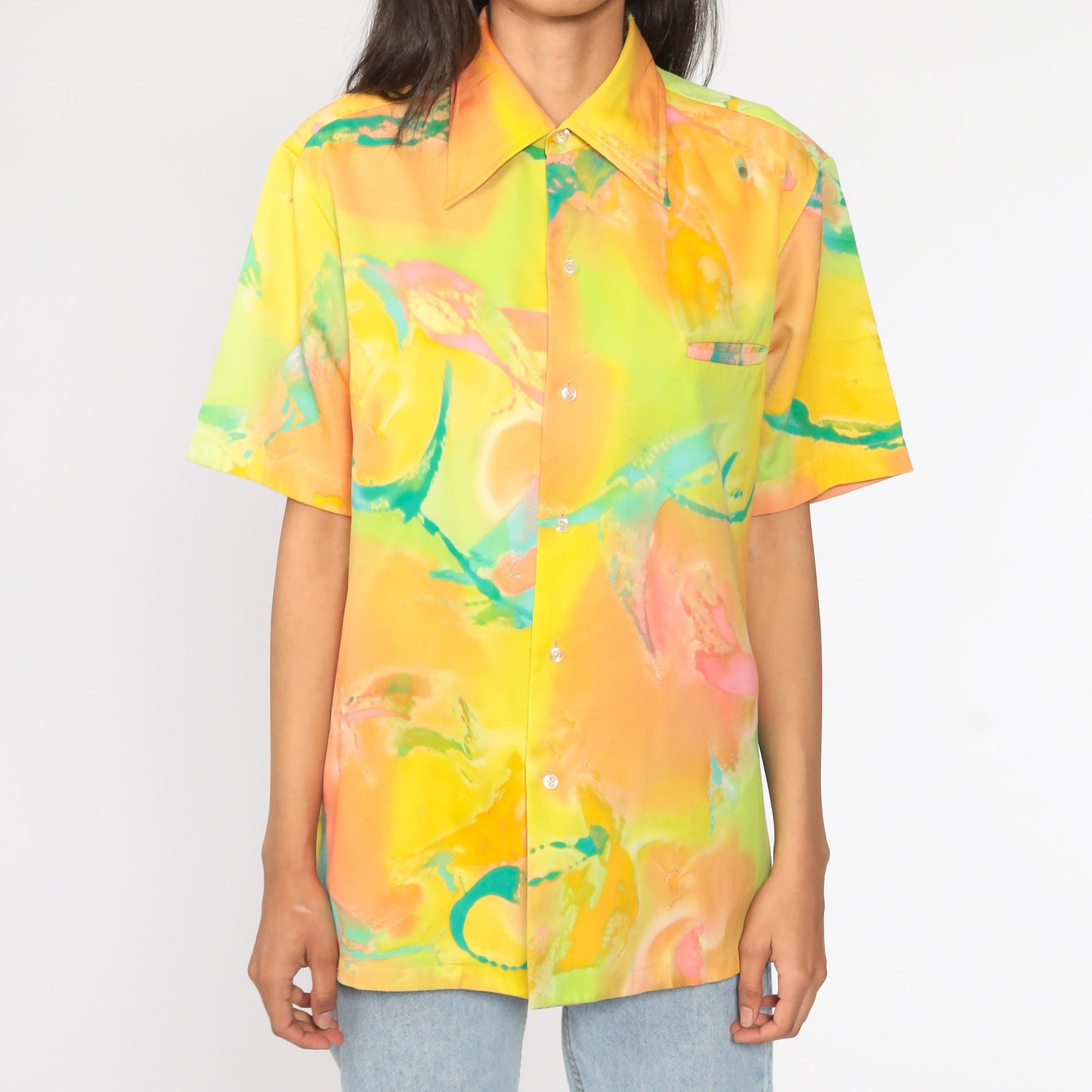 70s Psychedelic Print Button-Up Shirt Neon Yellow Short Sleeve Extra Large