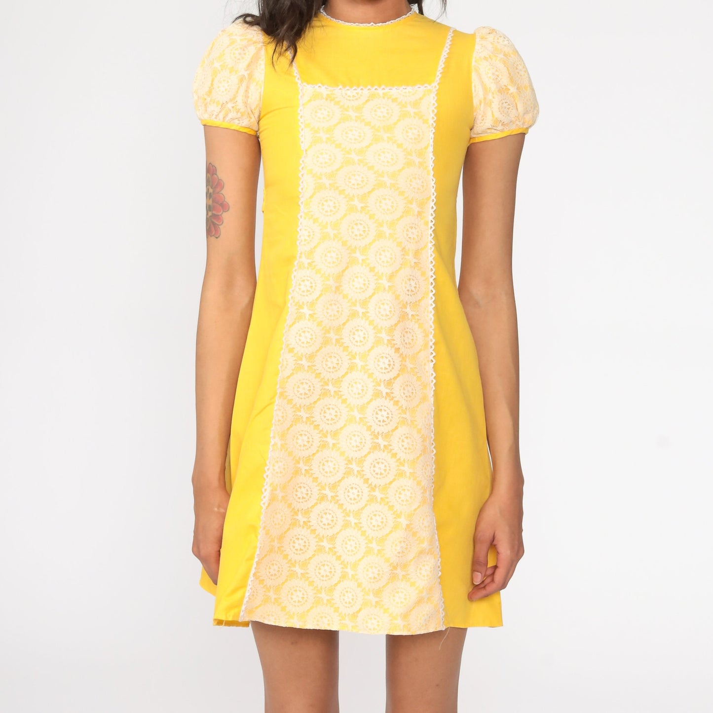 60s Yellow Lace Puff Sleeve Shift Mini Dress 2XS