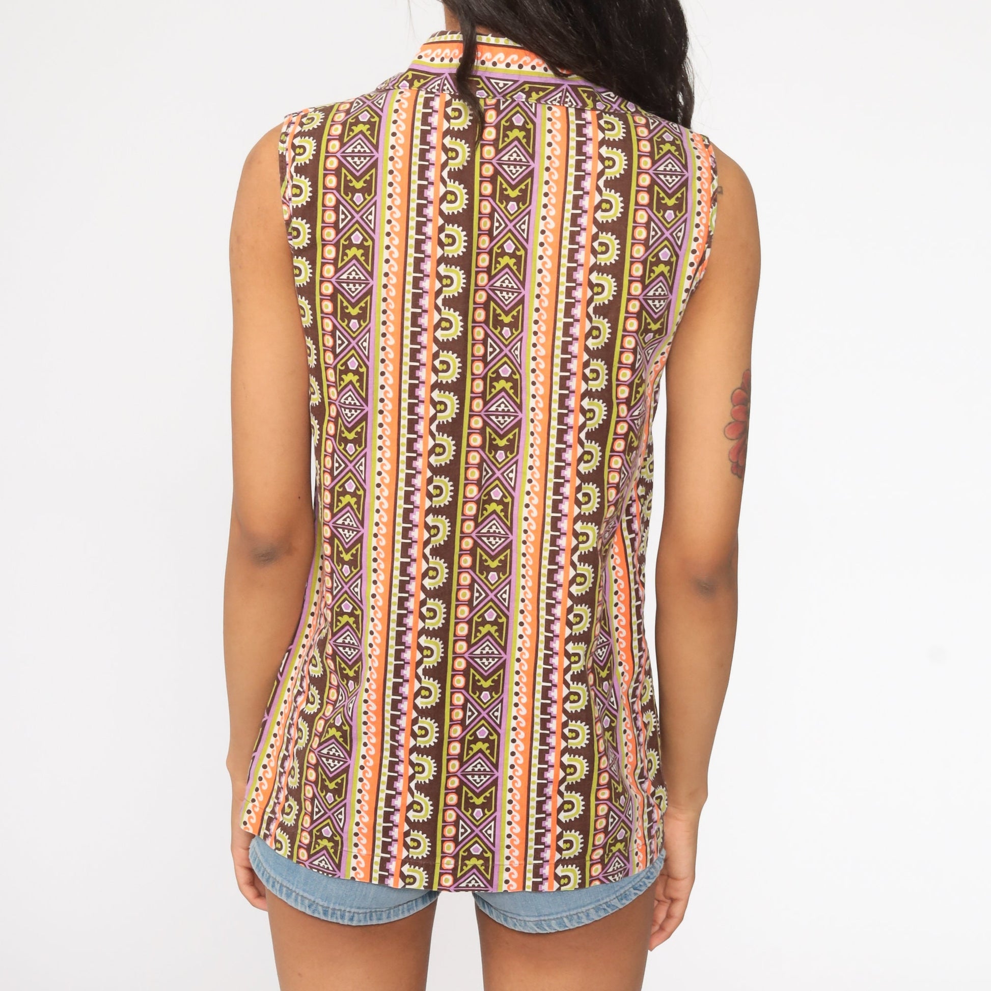 70s Tribal Print Sleeveless Blouse Lace-Up Corset Neckline Orange Purple Small