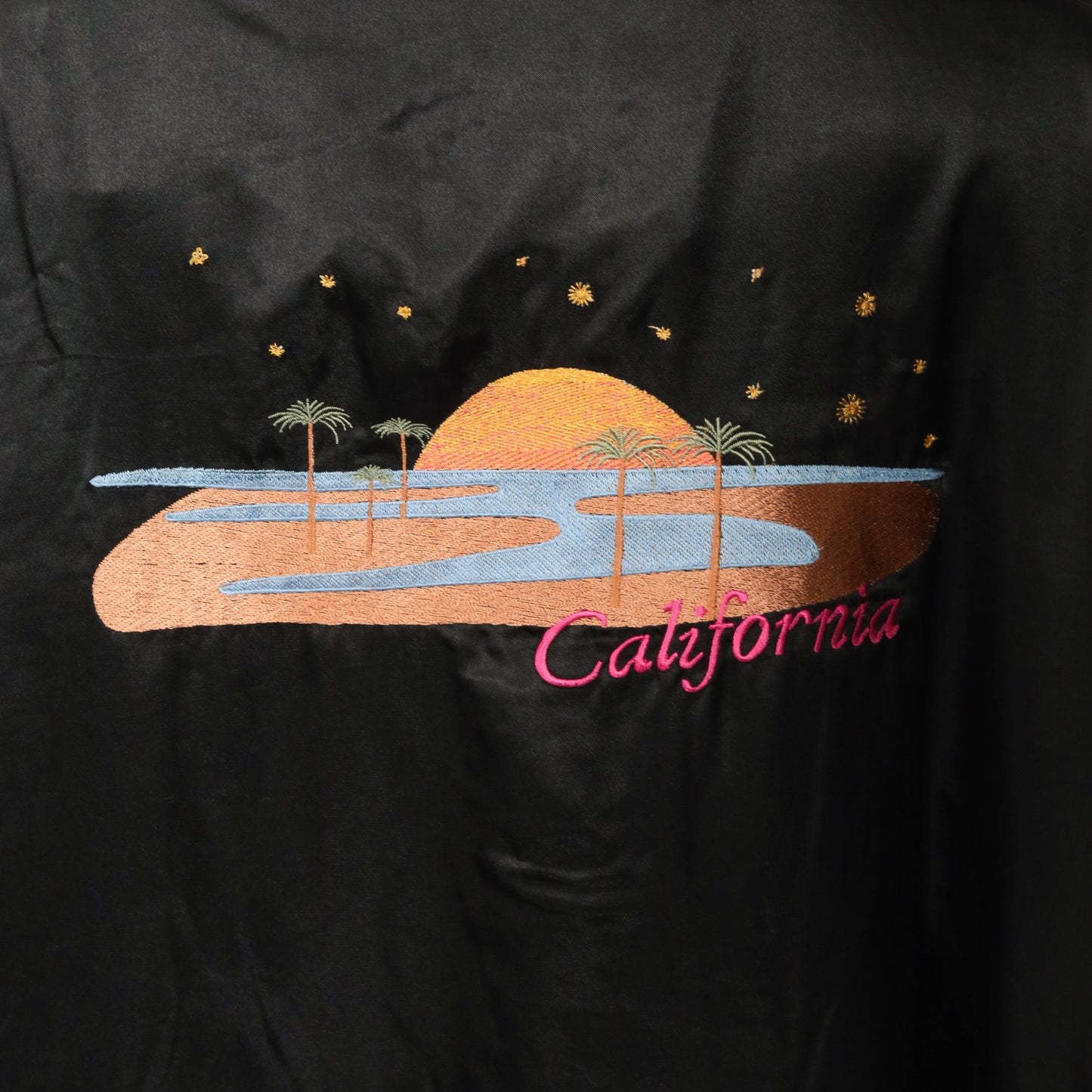80s Black Satin California Embroidered Kimono Robe Maxi Wrap One Size