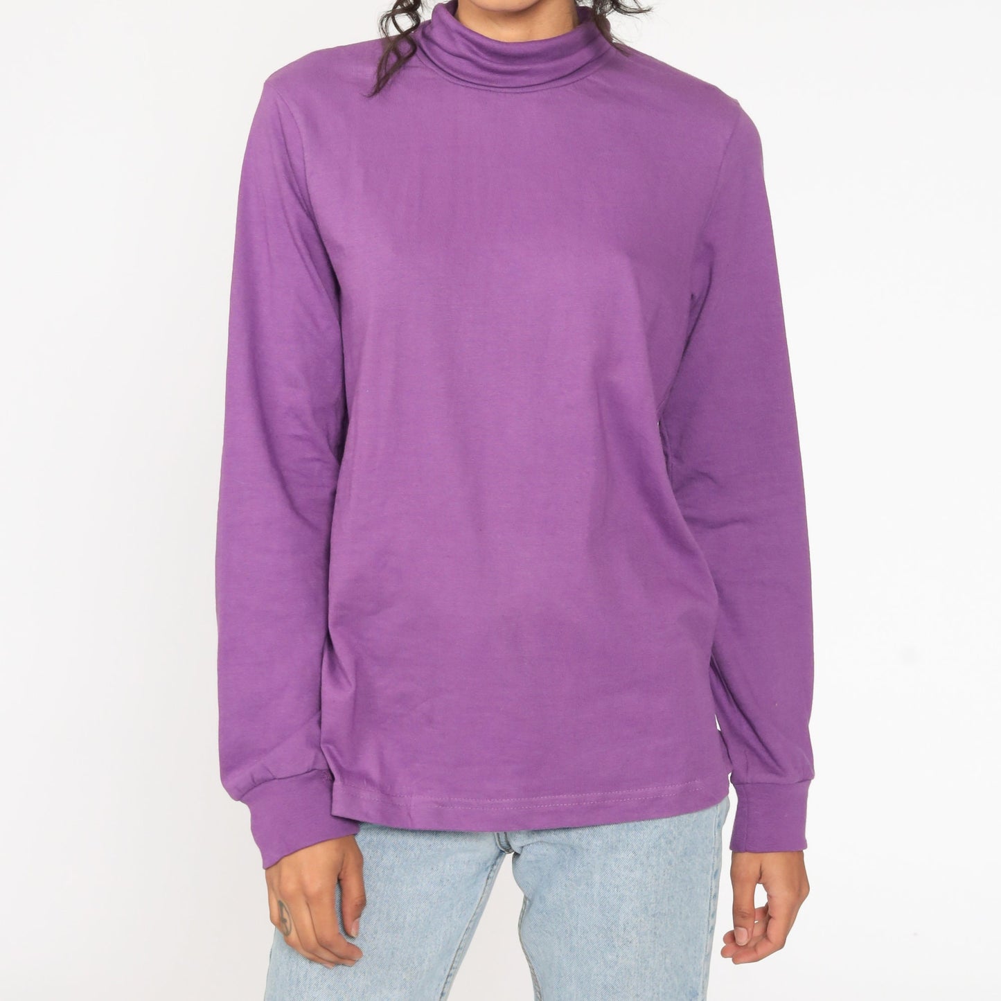 80s Purple Turtleneck Long Sleeve Shirt Cotton Blend Large