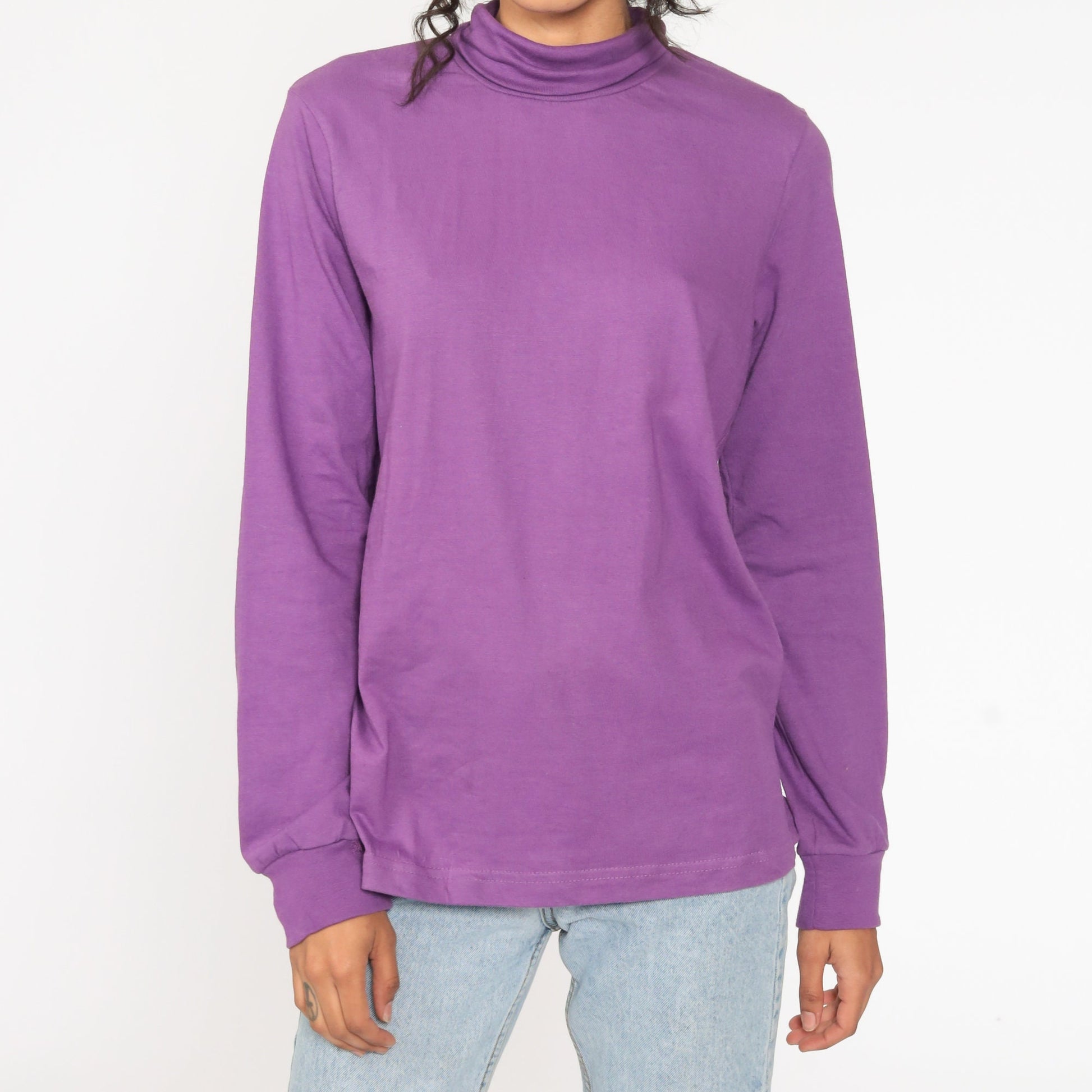 80s Purple Turtleneck Long Sleeve Shirt Cotton Blend Large