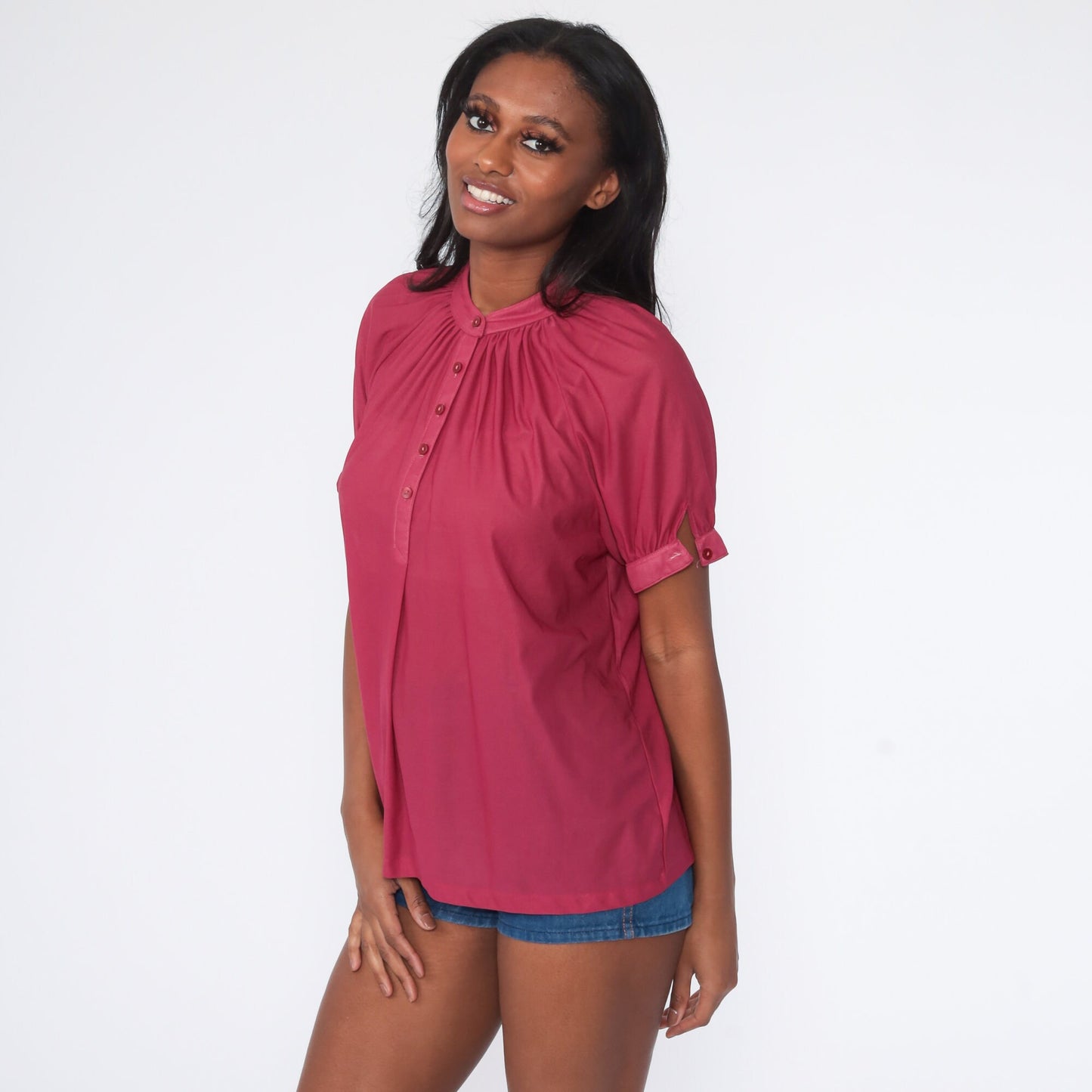 70s Deep Pink Button-Up Shirt Trapeze Cut Short Sleeve Medium