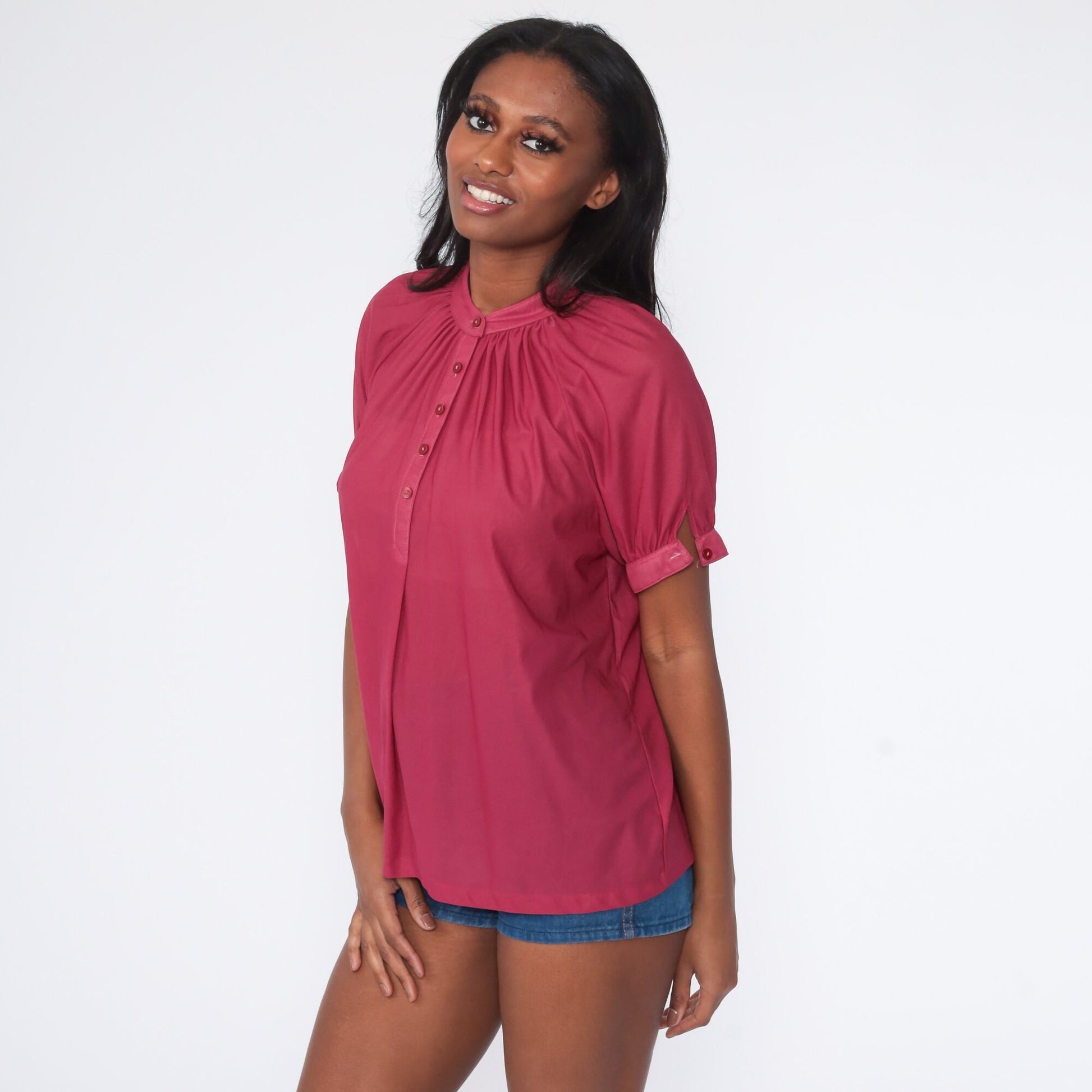 70s Deep Pink Button-Up Shirt Trapeze Cut Short Sleeve Medium
