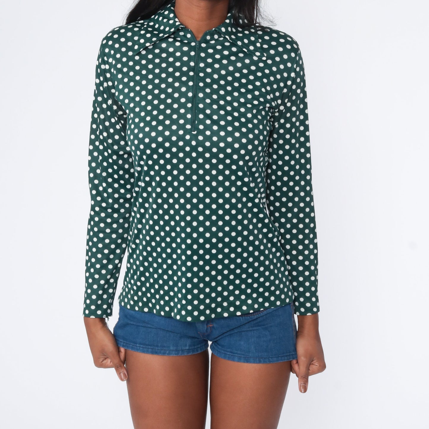 70s Green Polka Dot Zip-Up Blouse Long Sleeve Collared Shirt Medium