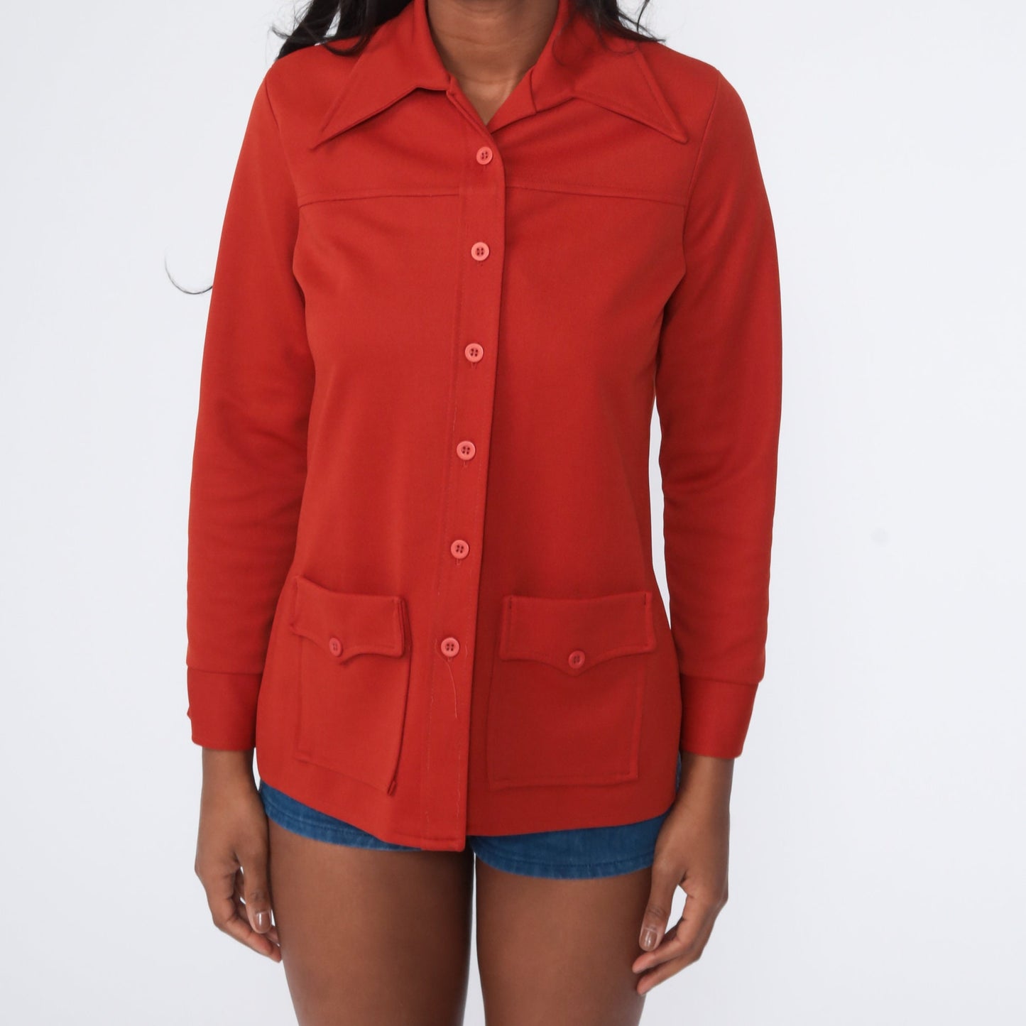 70s Rust Button-Up Shirt Long Sleeve Dagger Collar Blouse Small S