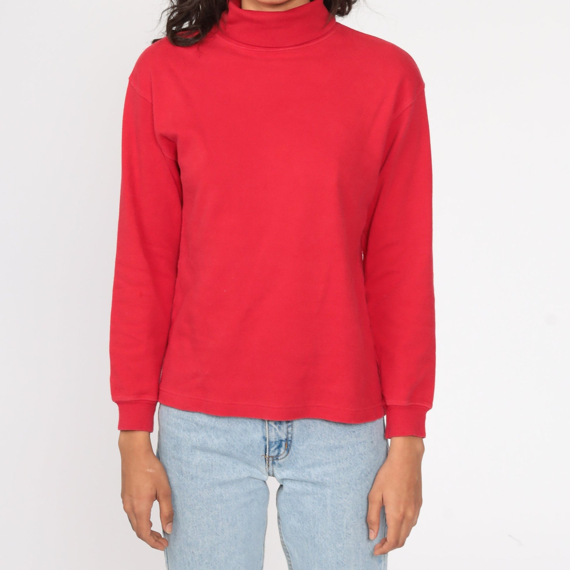 80s Red Turtleneck Long Sleeve Cotton Shirt Small Medium