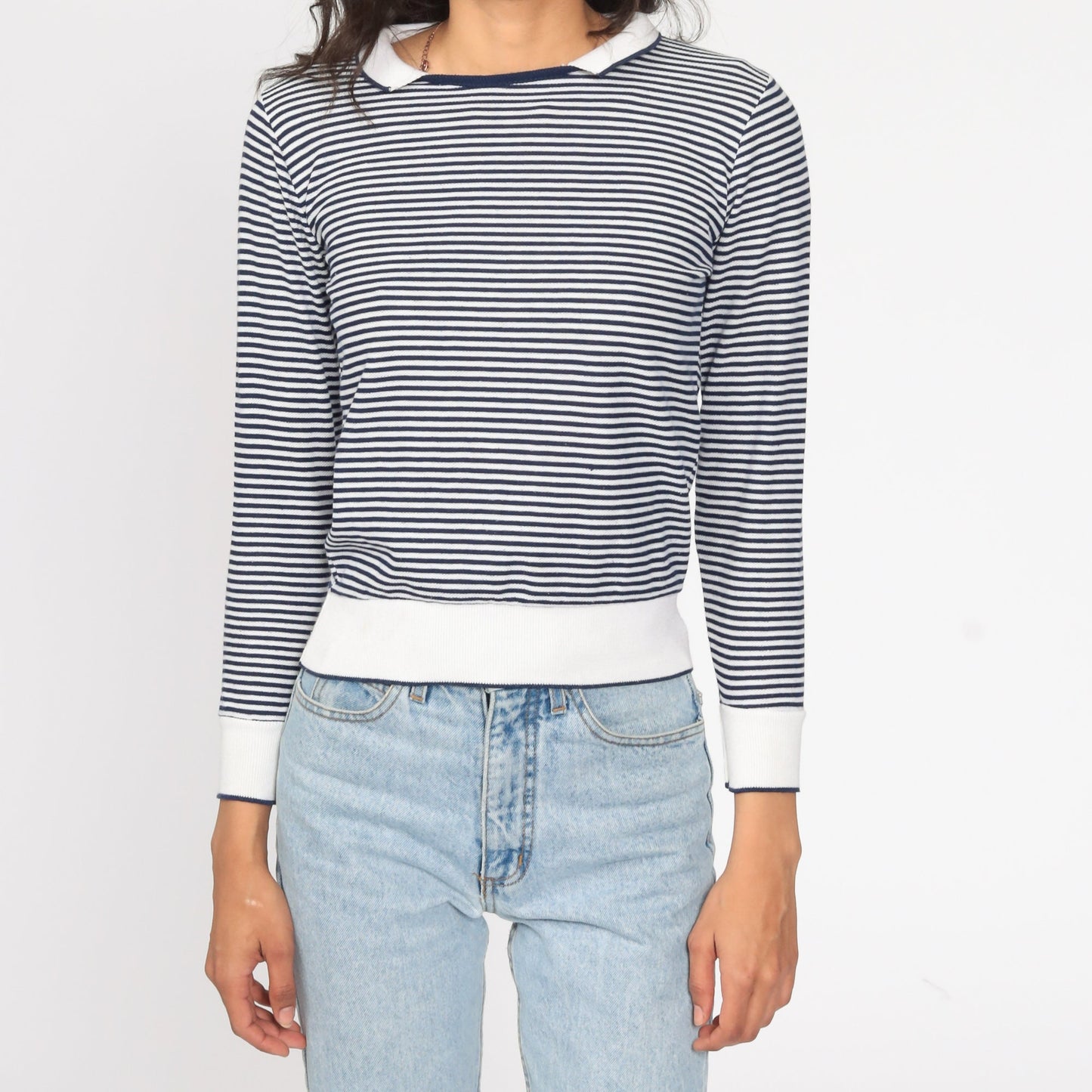 80s Blue White Striped Collared Shirt Long Sleeve Cotton Small