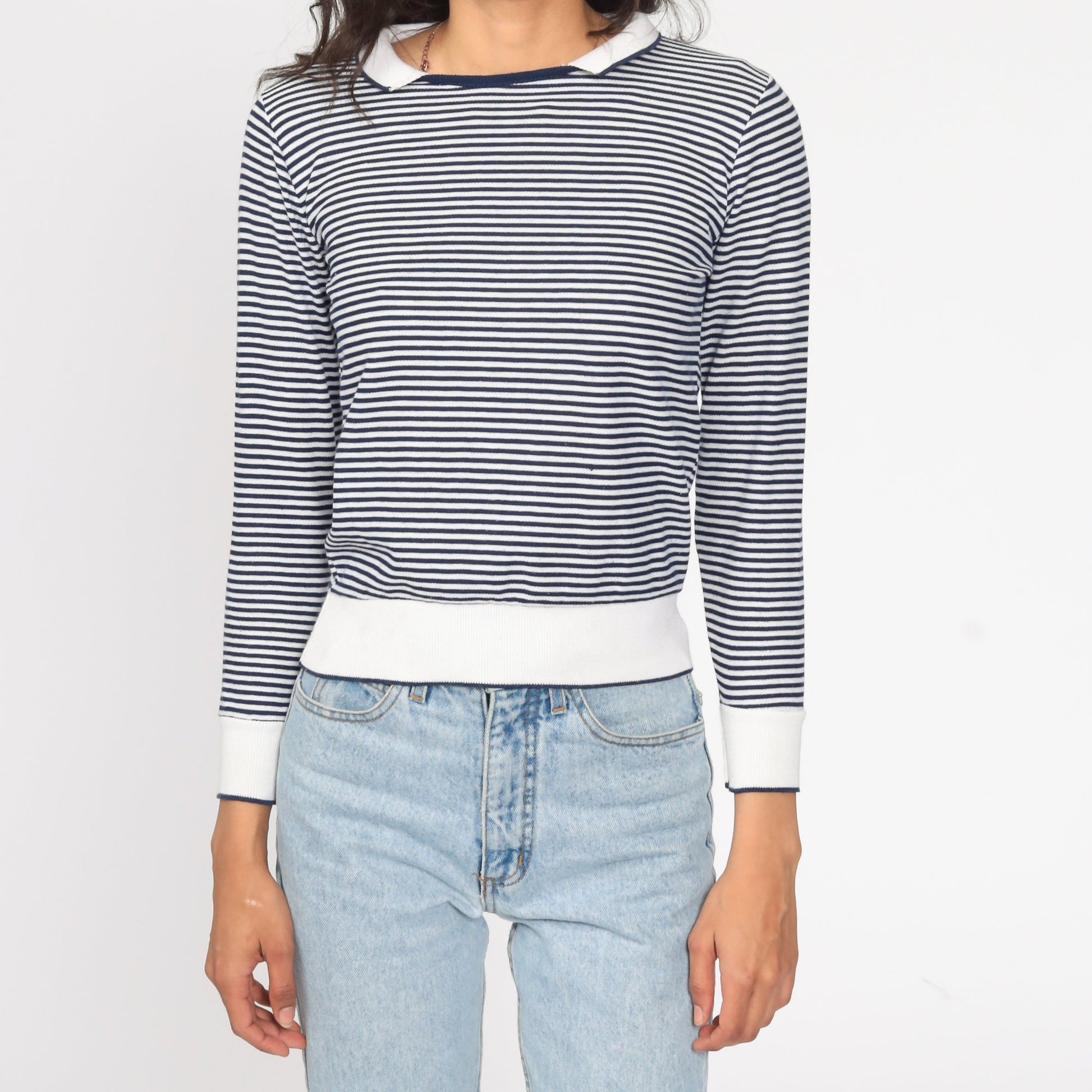80s Blue White Striped Collared Shirt Long Sleeve Cotton Small