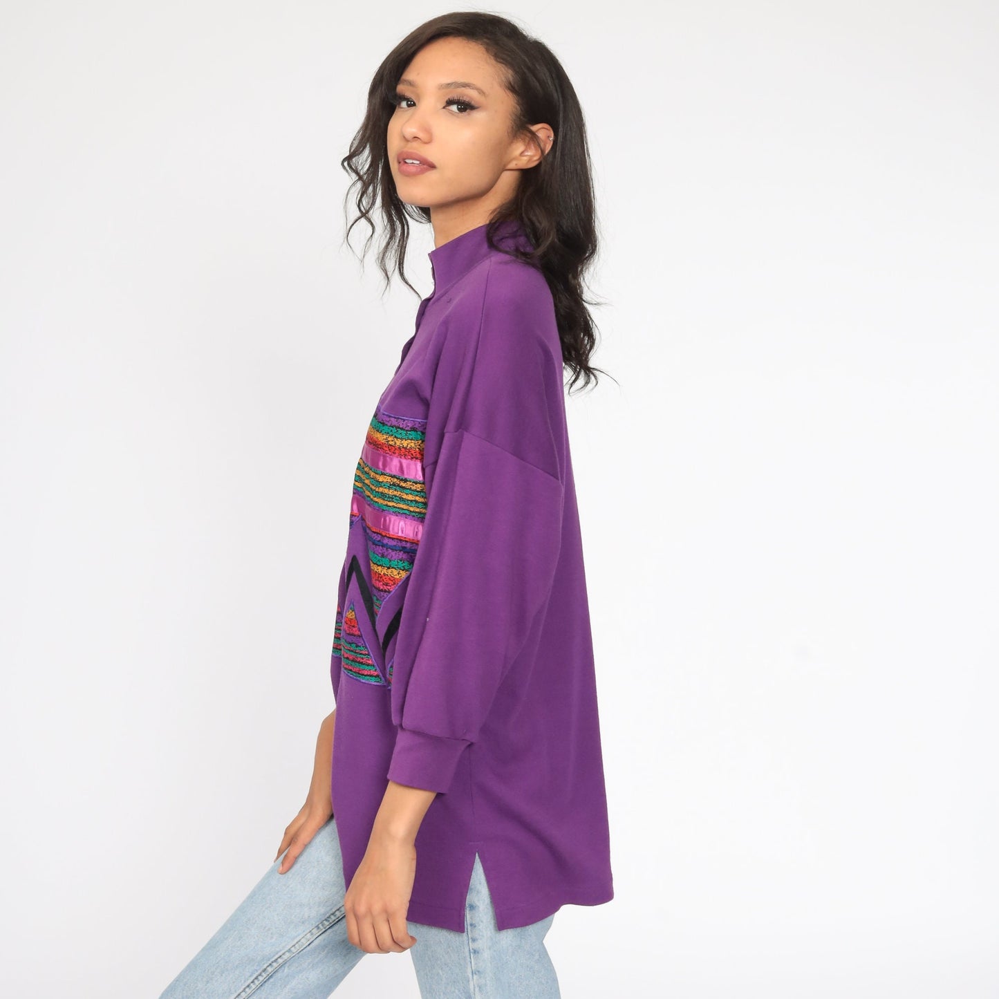 80s Purple Rainbow Striped Cotton Button-Up Blouse Mock Neck Medium